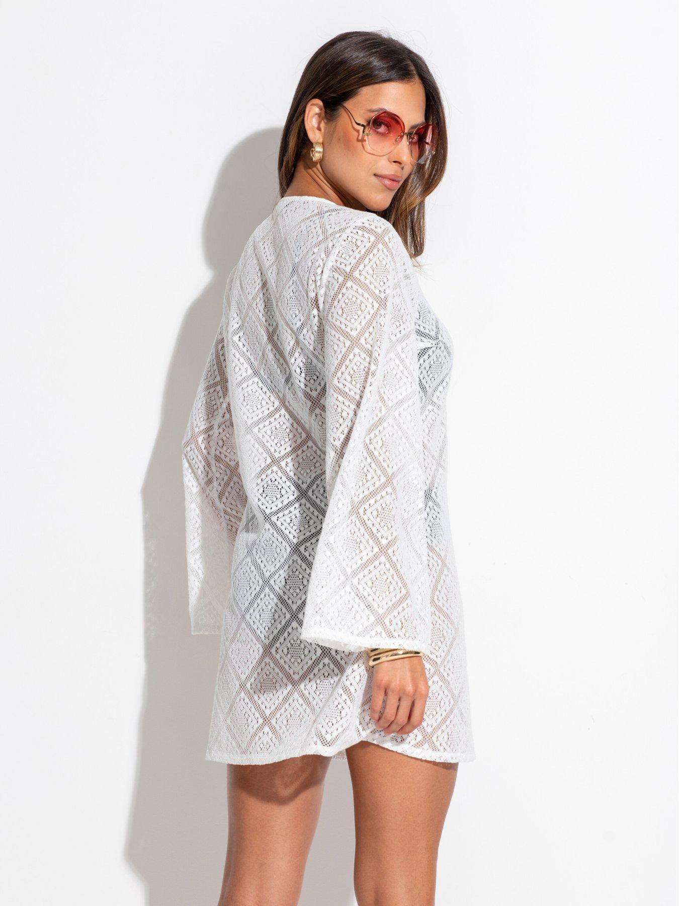 Image 2 of 4 of Pour Moi Crochet Lace Long Sleeve Beach Cover Up