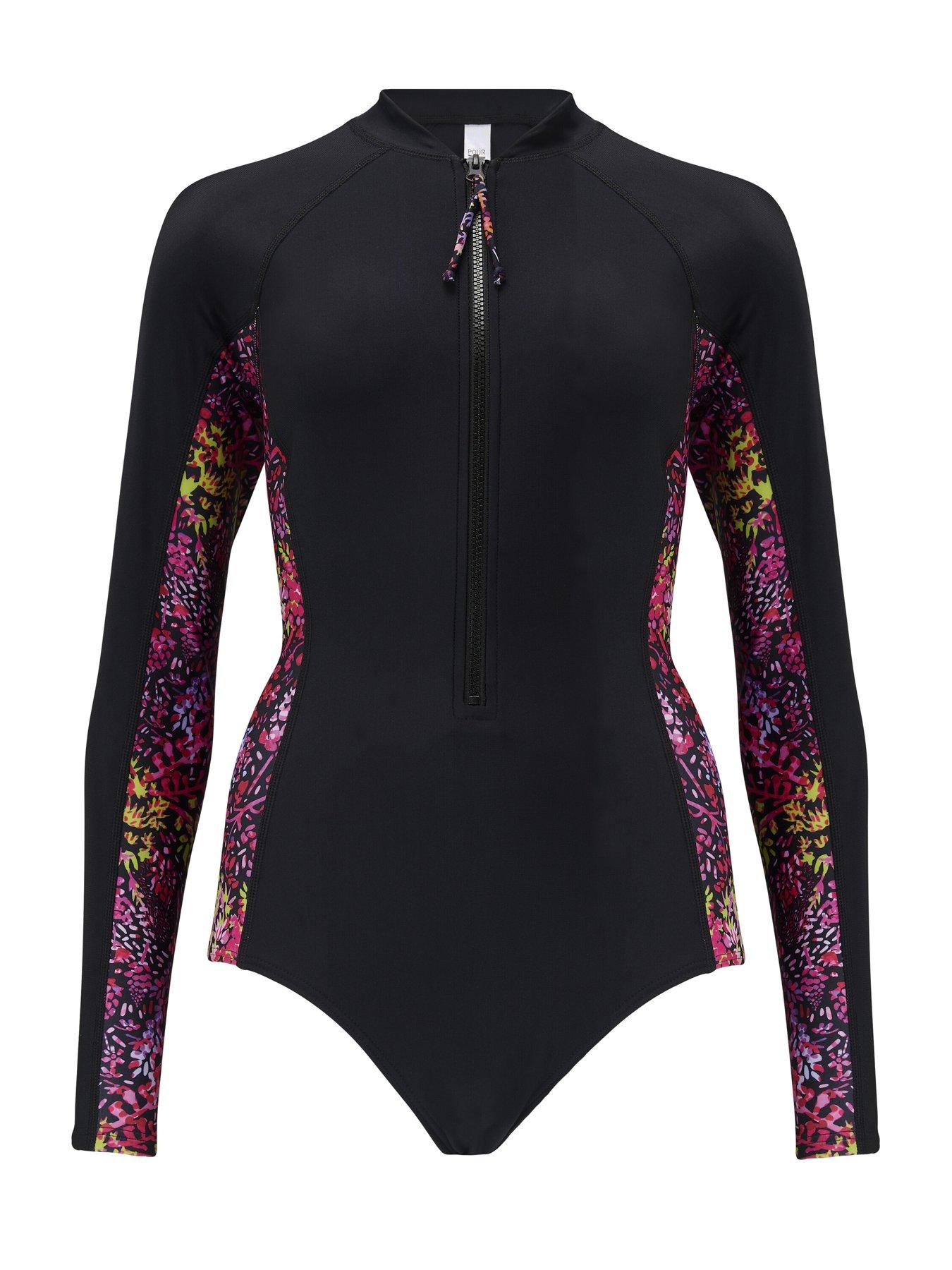 Image 3 of 4 of Pour Moi Energy Long Sleeved Zip Front Paddle Swimsuit - Black/Multi