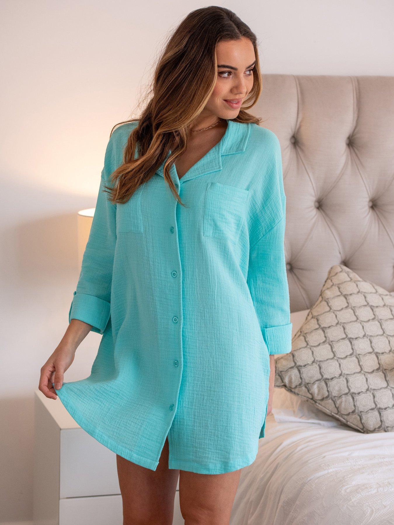 Image 1 of 4 of Pour Moi Woven Double Cloth Revere Collar Oversized Shirt - Aqua
