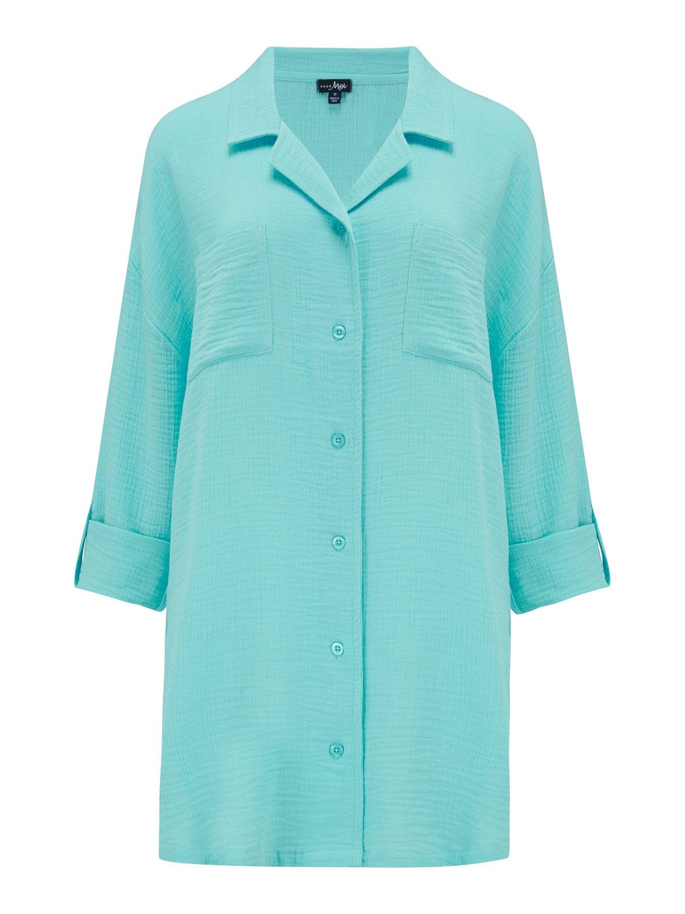 Image 3 of 4 of Pour Moi Woven Double Cloth Revere Collar Oversized Shirt - Aqua