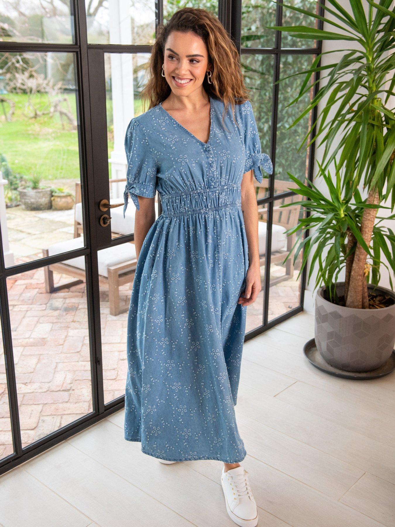 undefined Amanda Chambray Broderie Tiered Midaxi Dress