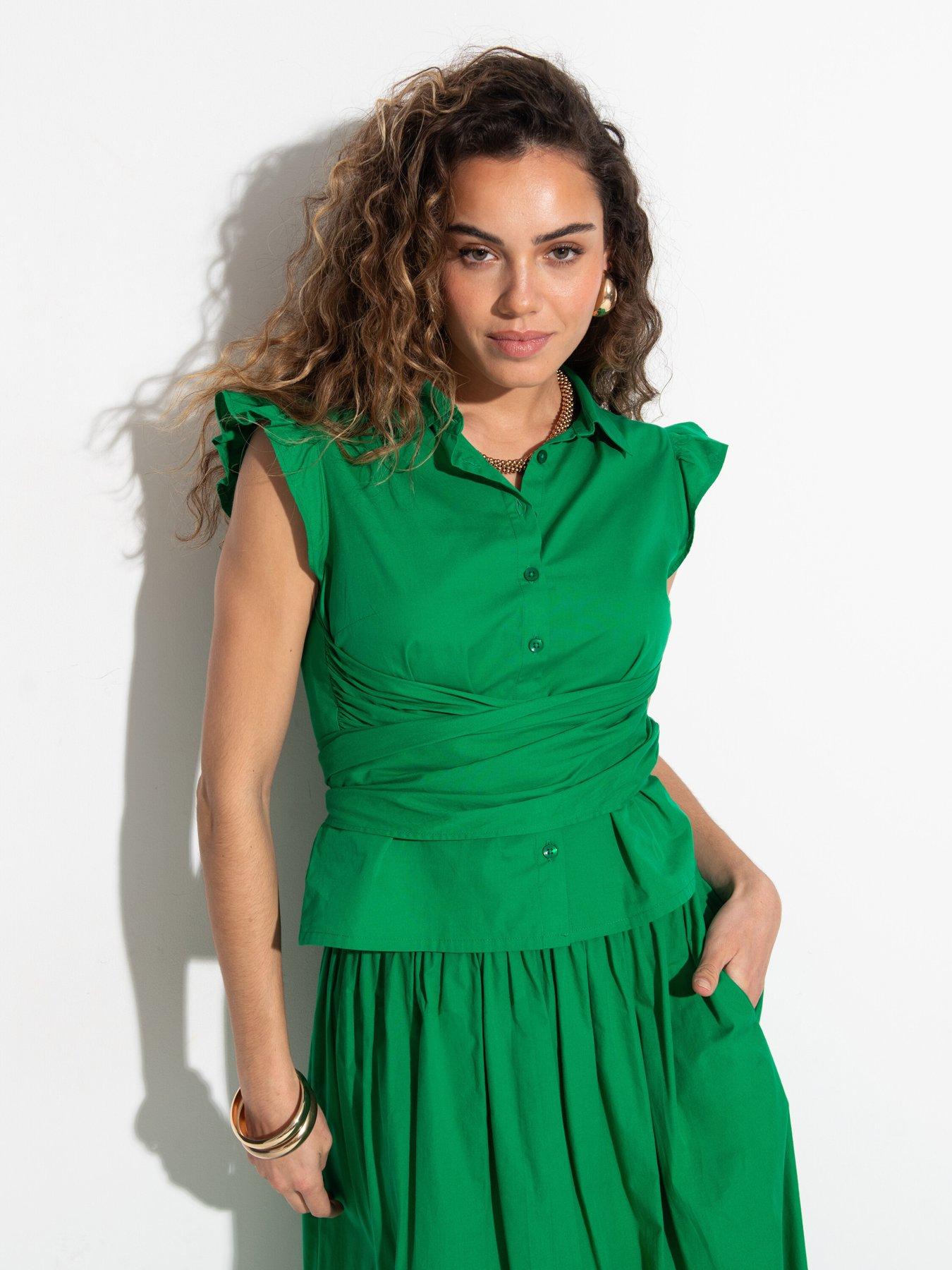 undefined Shae Cotton Poplin Twist Tie Frill Sleeve Shirt