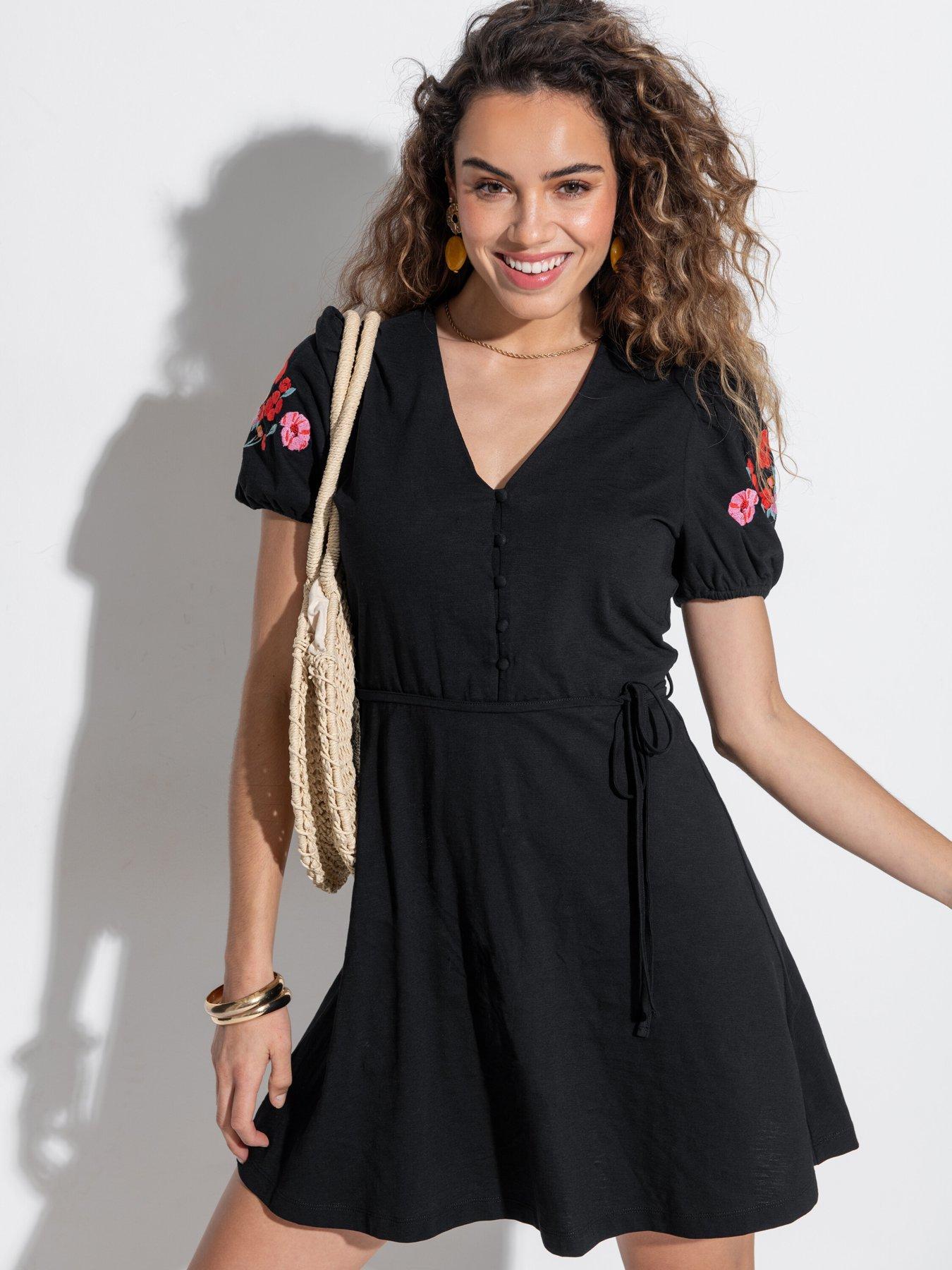 undefined Bella Embroidered Sleeve Cotton Slub Jersey Tea Dress