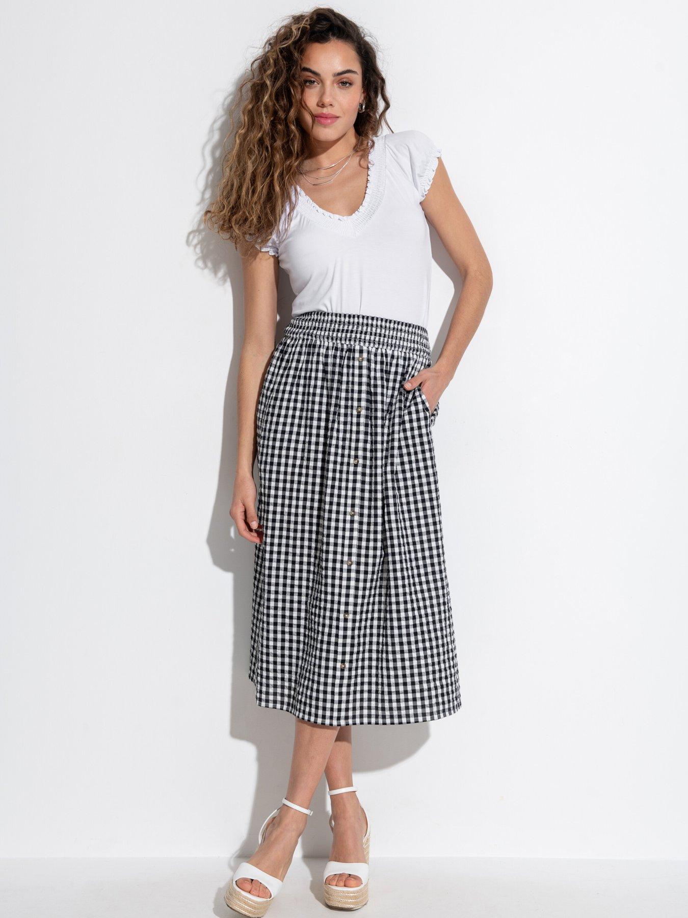 undefined Deanna Shirred Waist Button Detail Woven Midi Skirt - Black/White