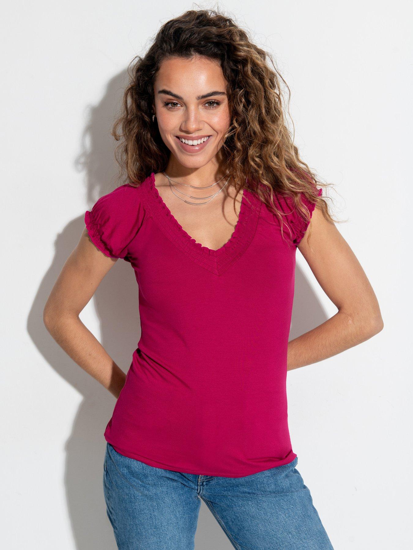 undefined Payton Contrast Stitch Cap Sleeve Stretch Jersey Top - Pink