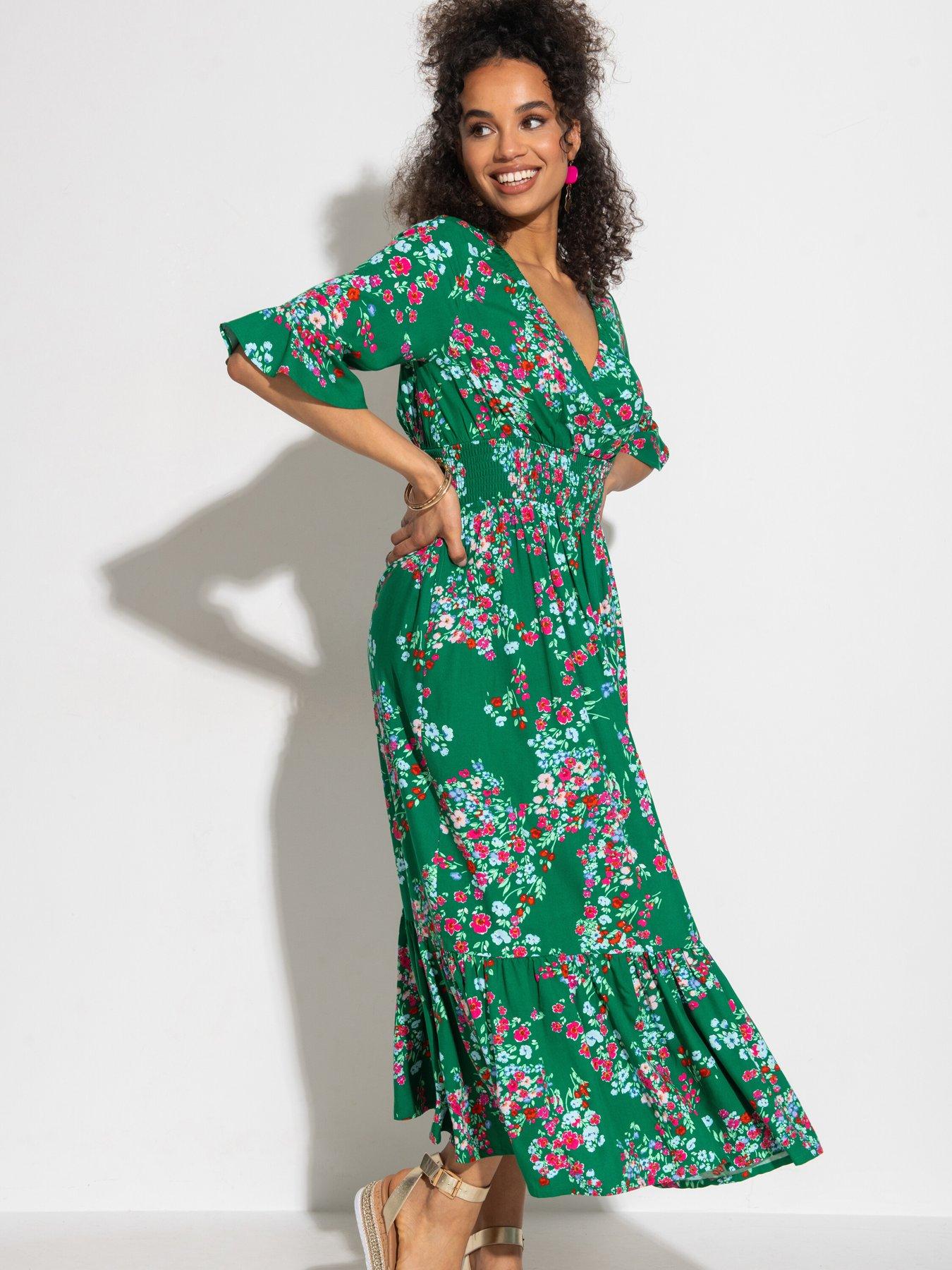 undefined Carmen Short Sleeve Elasticated Neckline Midaxi Dress with LENZING™ ECOVERO™ Viscose Fibres - Multi