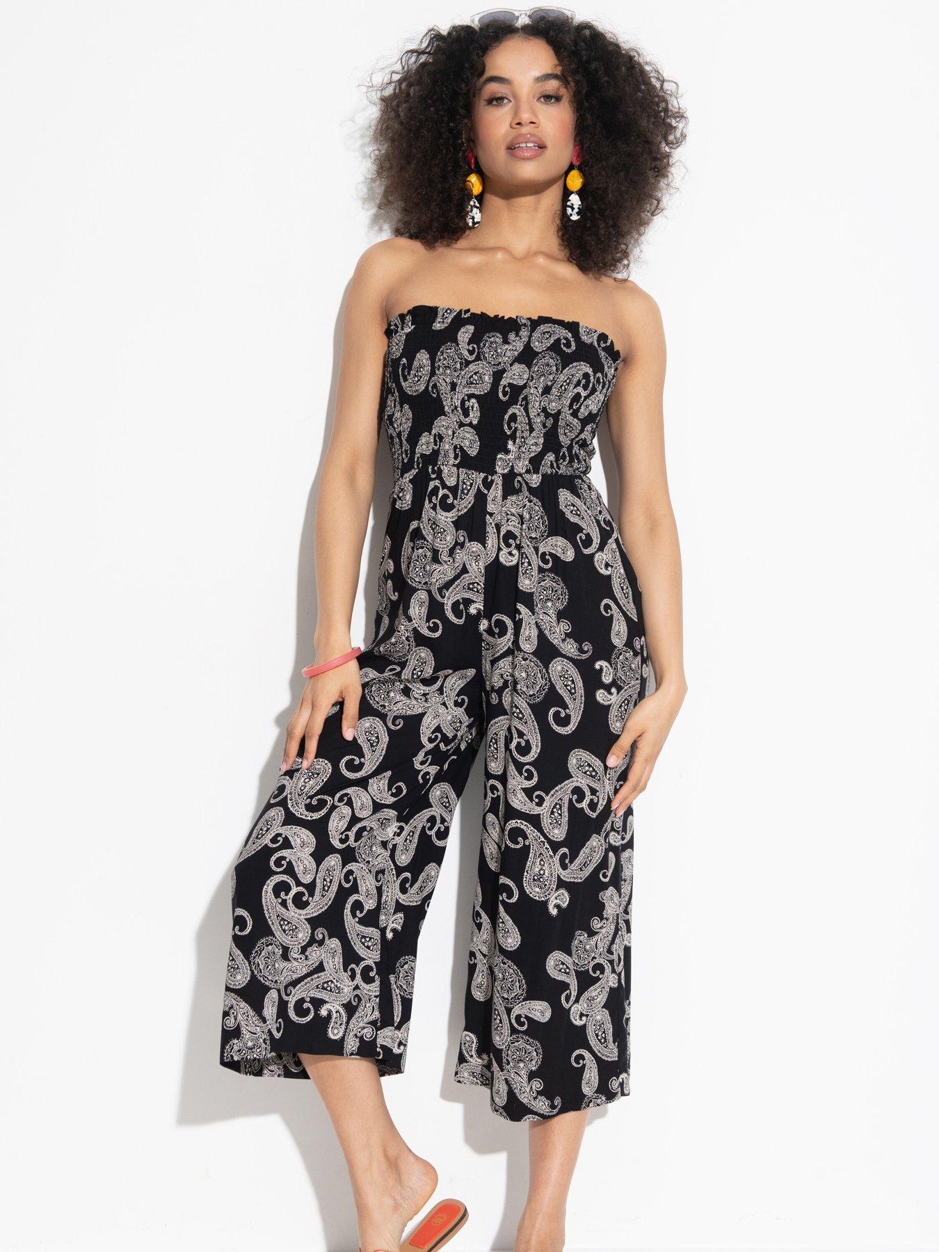 undefined Strapless Shirred Bodice Crop Leg Beach Jumpsuit - Print