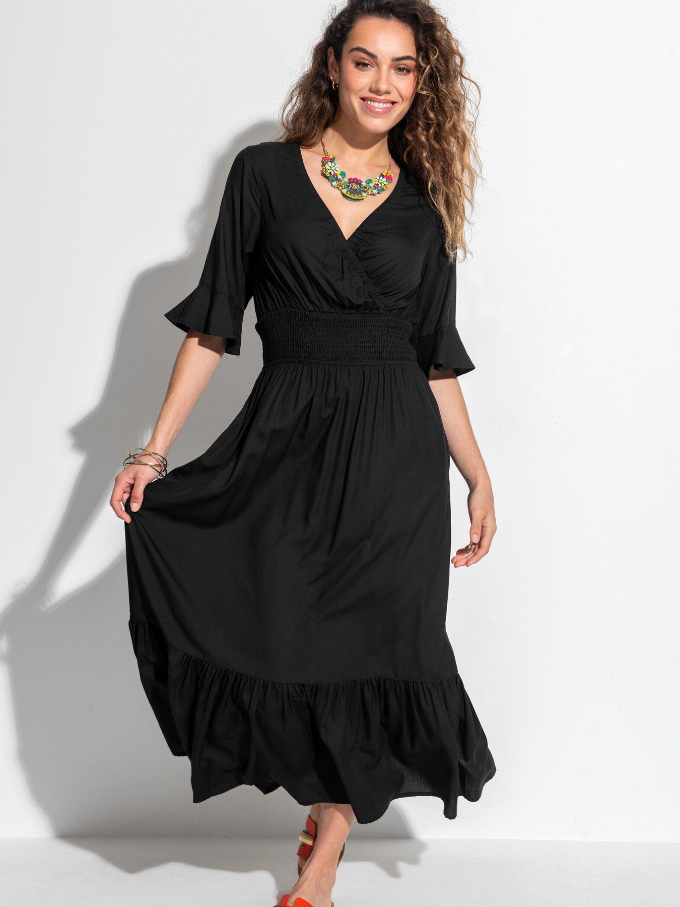  image of pour-moi-carmen-short-sleeve-elasticated-neckline-midaxi-dress-with-lenzingtrade-ecoverotradenbspviscose-fibres-black