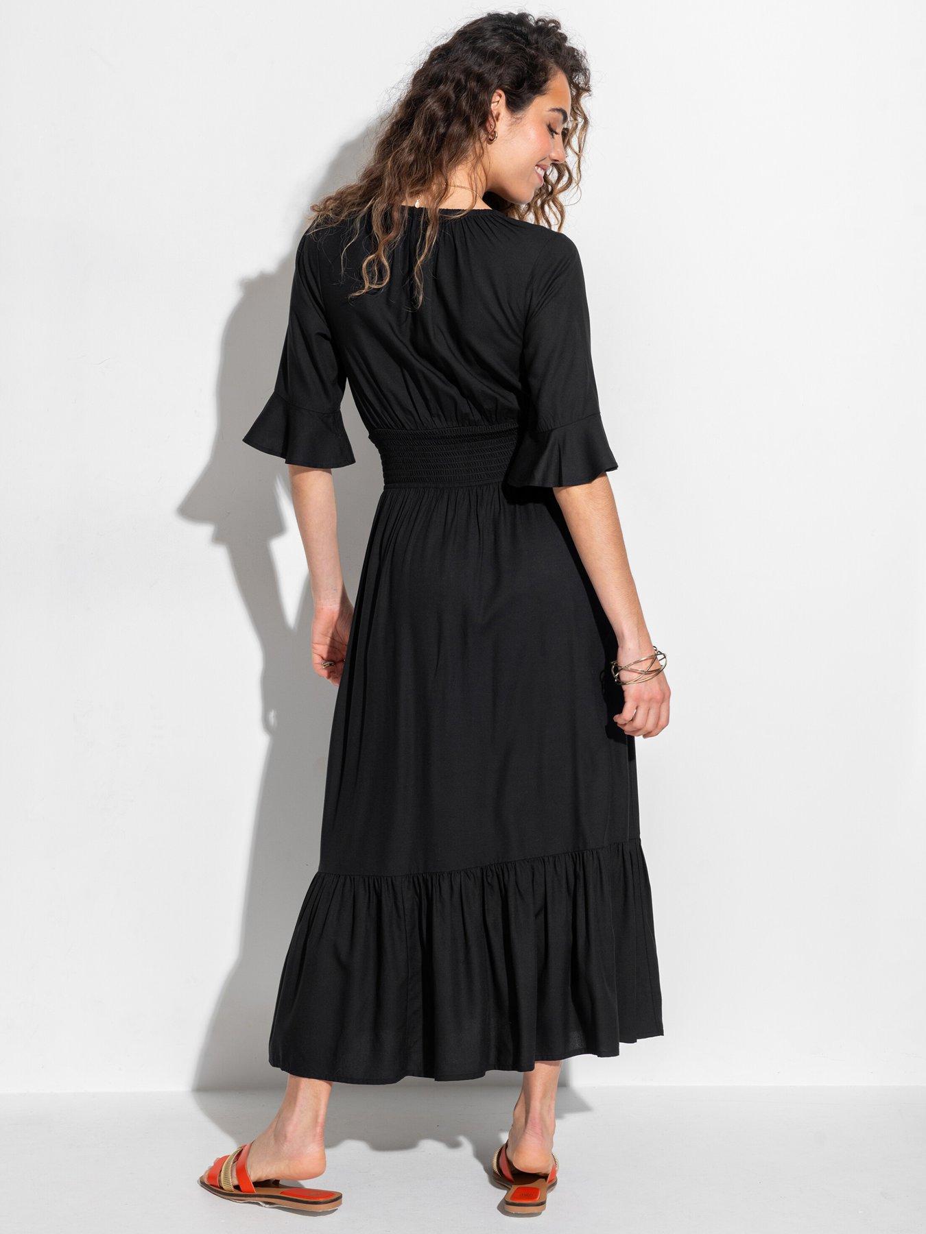  image of pour-moi-carmen-short-sleeve-elasticated-neckline-midaxi-dress-with-lenzingtrade-ecoverotradenbspviscose-fibres-black