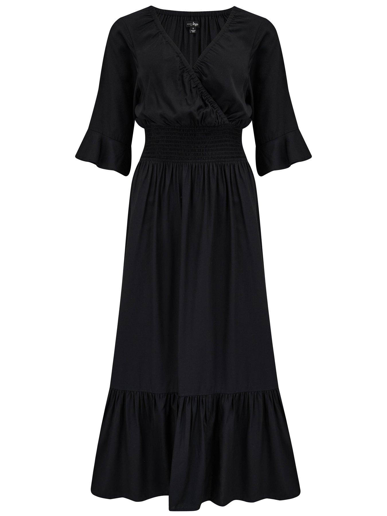  image of pour-moi-carmen-short-sleeve-elasticated-neckline-midaxi-dress-with-lenzingtrade-ecoverotradenbspviscose-fibres-black