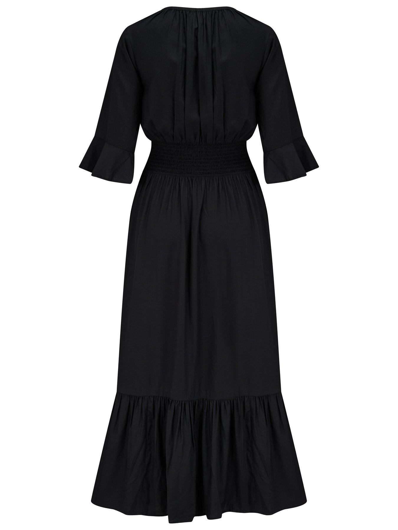  image of pour-moi-carmen-short-sleeve-elasticated-neckline-midaxi-dress-with-lenzingtrade-ecoverotradenbspviscose-fibres-black