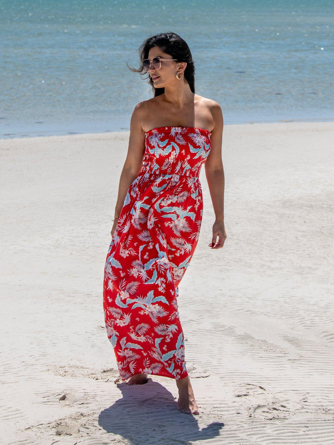 undefined Strapless Shirred Bodice Maxi Beach Dress - Multi