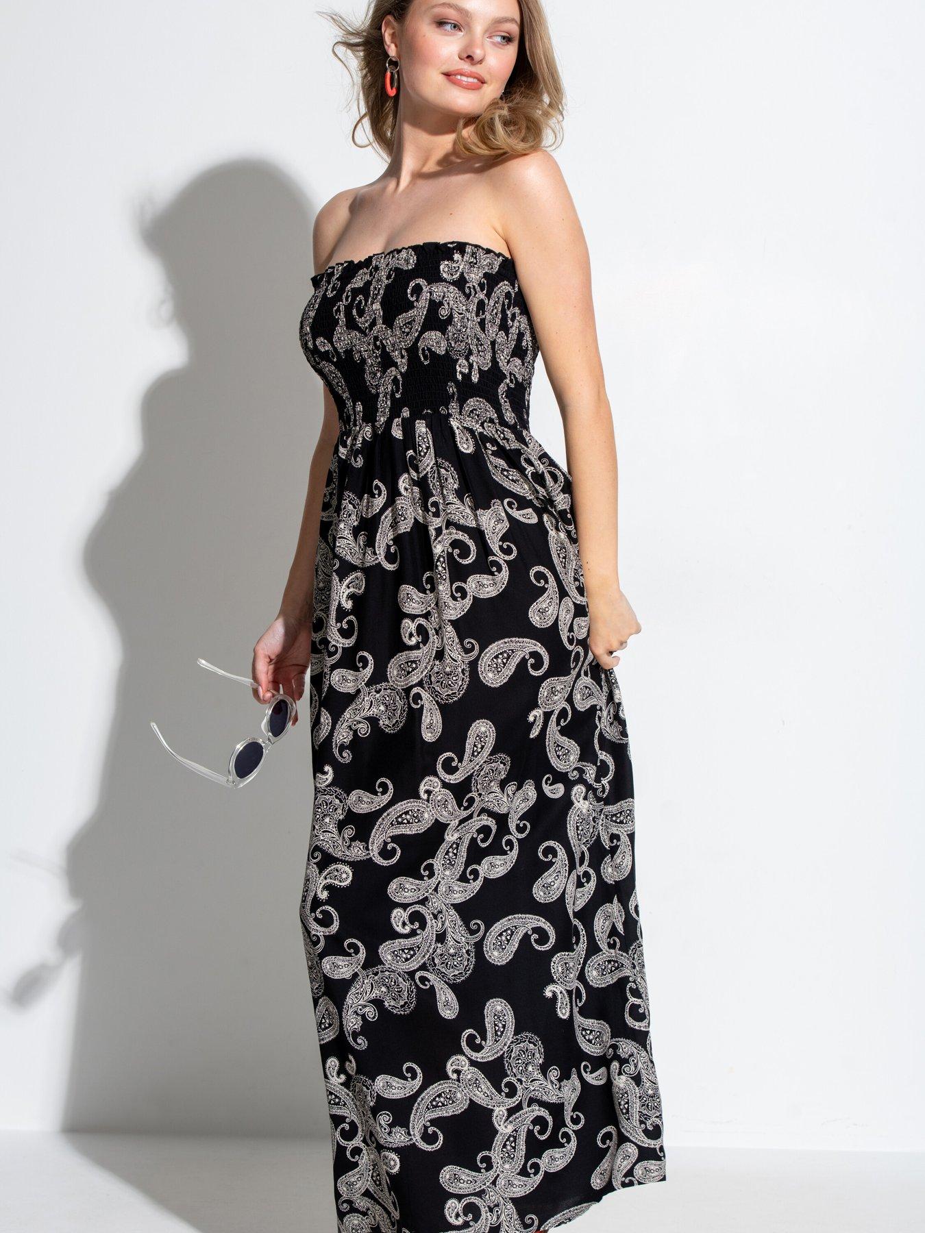 undefined Strapless Shirred Bodice Maxi Beach Dress - Print