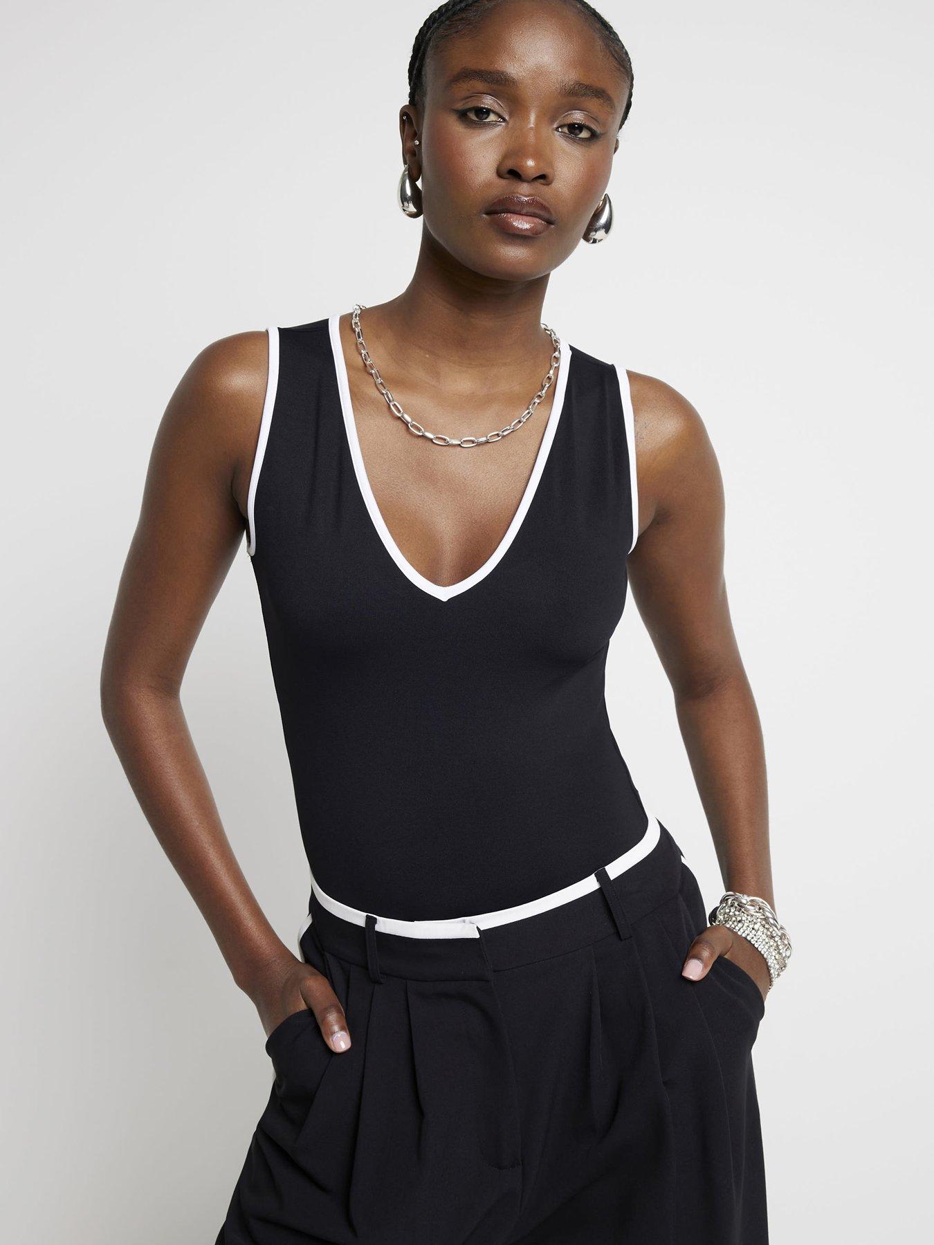 Image 1 of 5 of River Island Tipped Sleeveless Bodysuit - Black