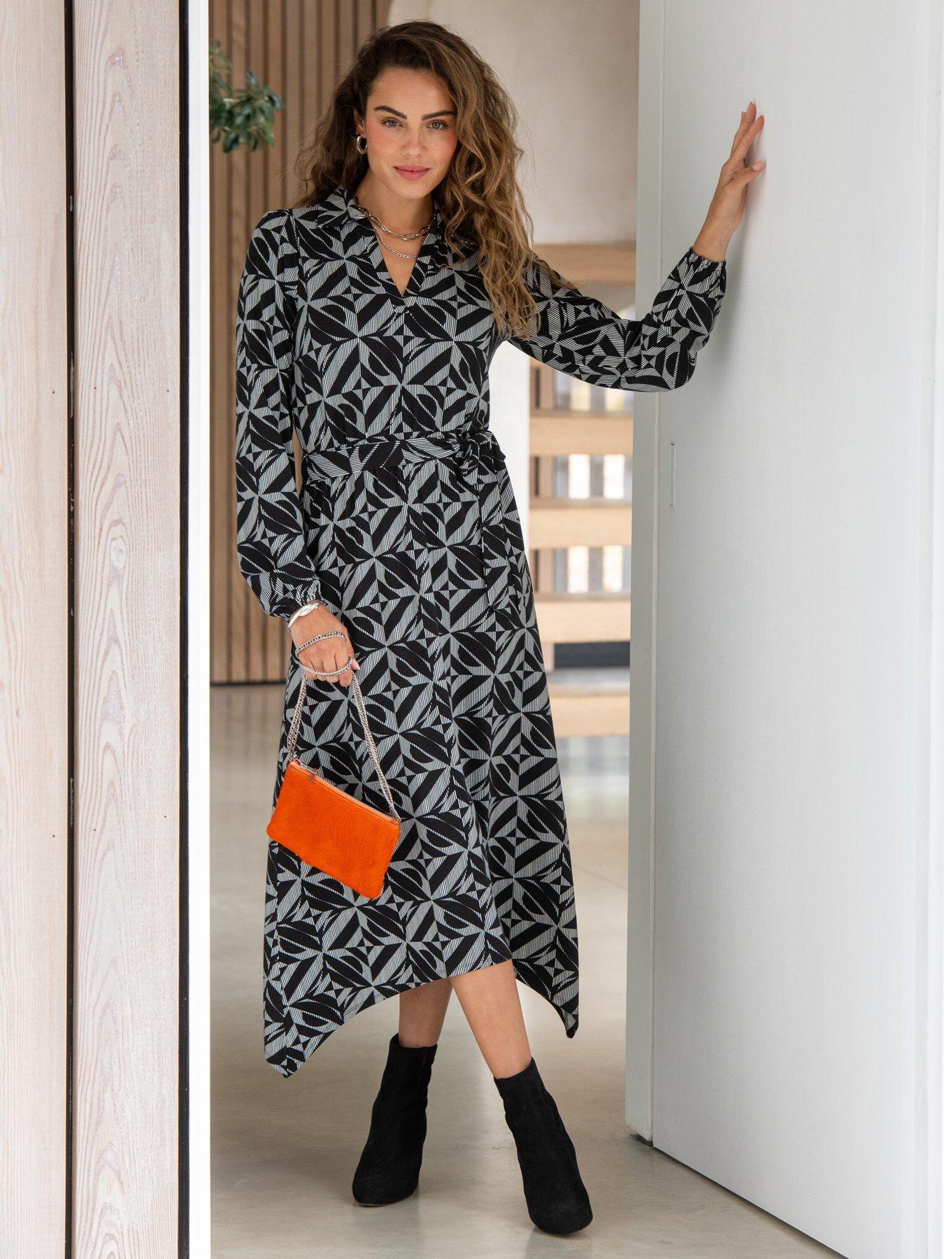 undefined Venetia Jersey Hanky Hem Collared Midi Dress - Black/Multi