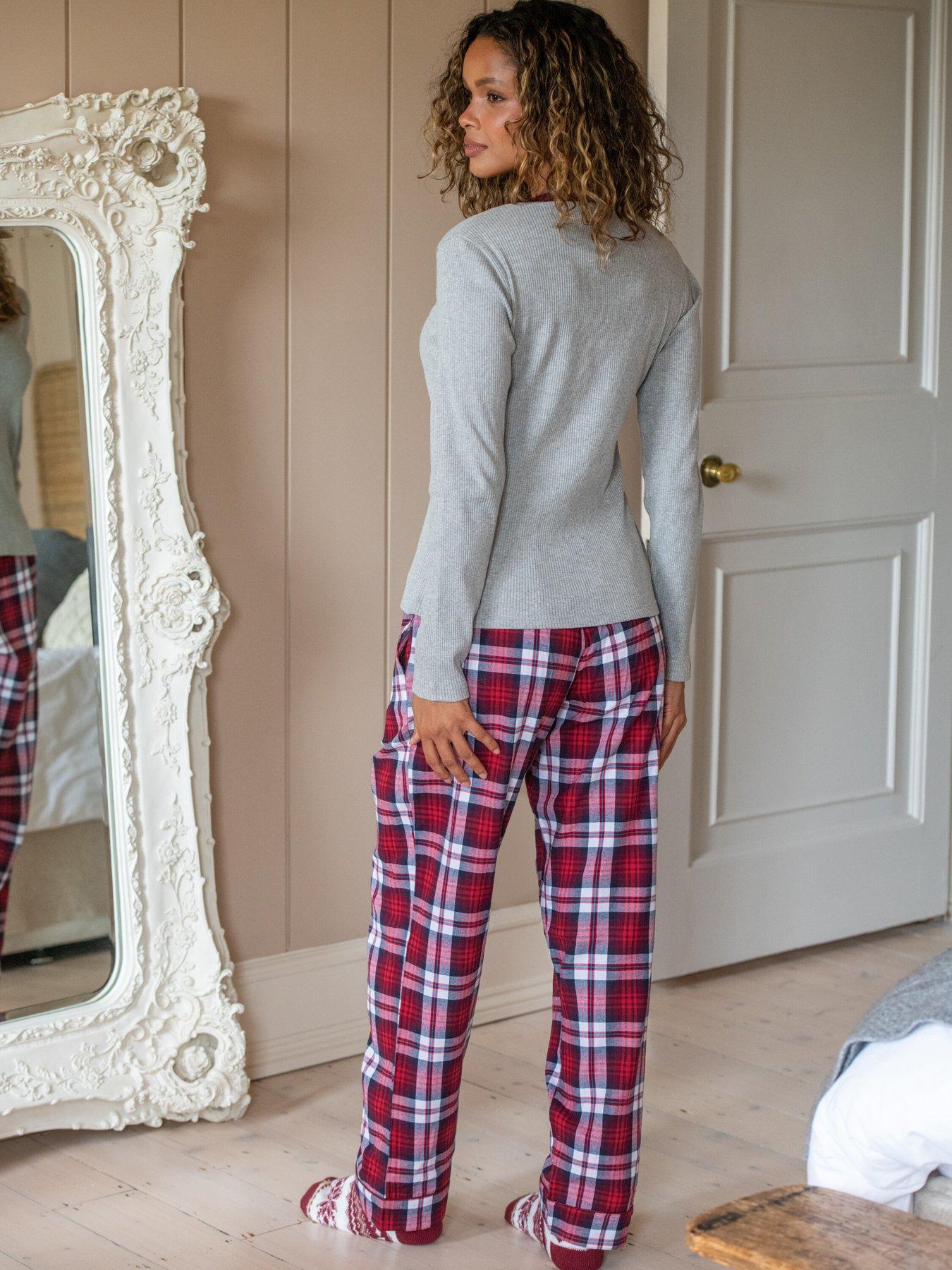  image of pour-moi-rib-jersey-lace-trim-henley-top-check-trouser-pyjama-set