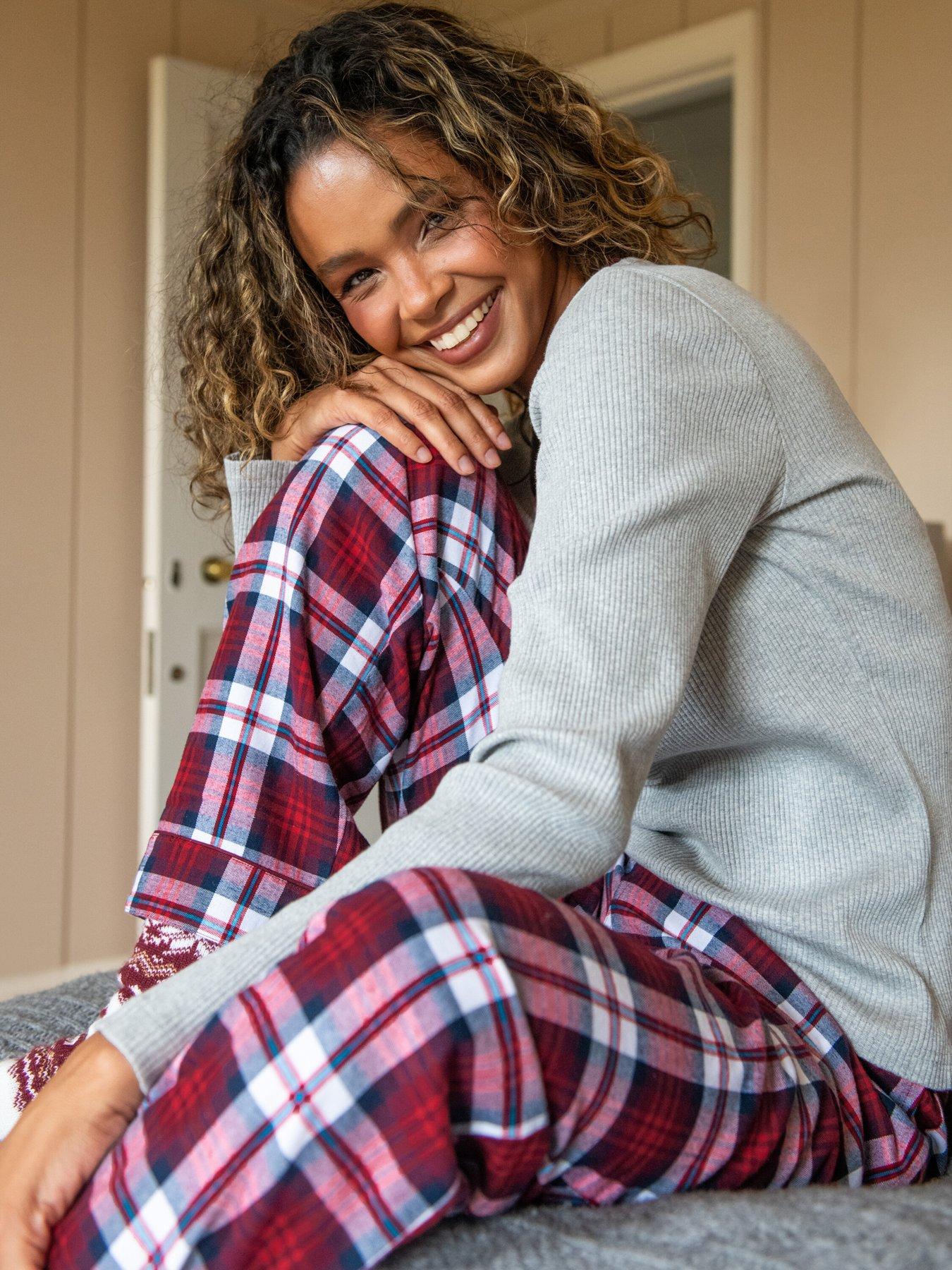  image of pour-moi-rib-jersey-lace-trim-henley-top-check-trouser-pyjama-set