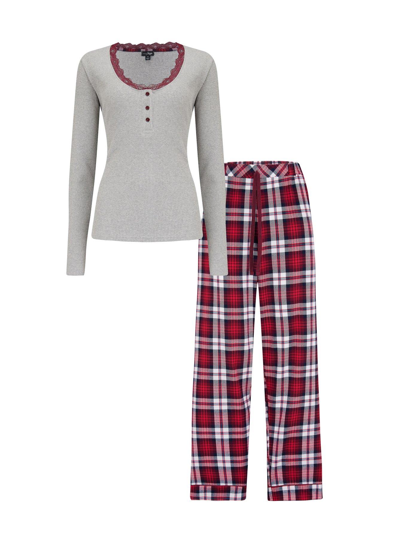  image of pour-moi-rib-jersey-lace-trim-henley-top-check-trouser-pyjama-set