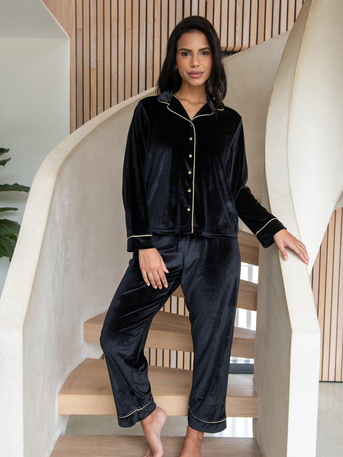 Image 1 of 4 of Pour Moi Velour Contrast Trim Pyjama Set - Black
