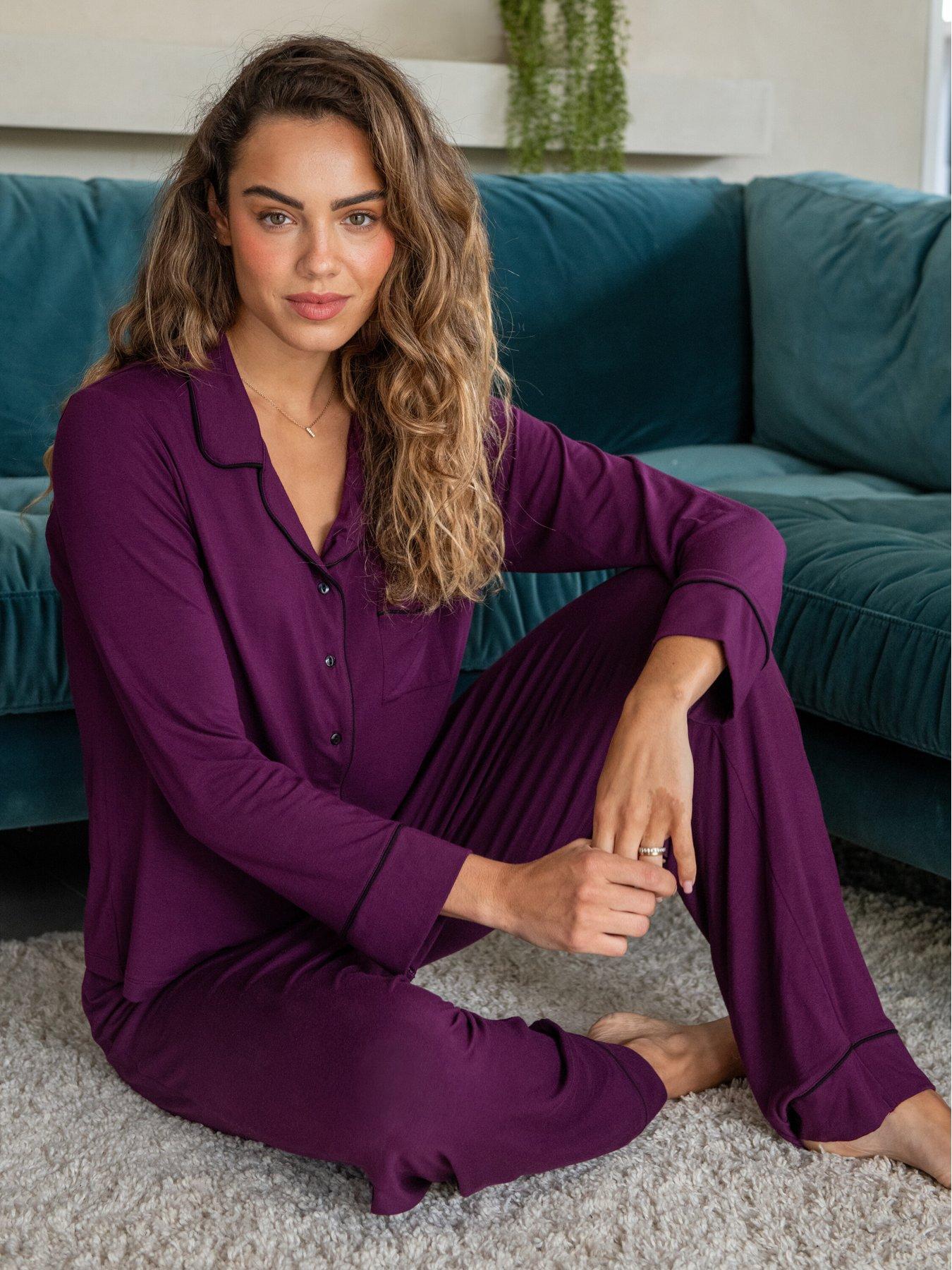 image of pour-moi-bamboo-jersey-button-through-revere-collar-pyjama-set-dark-purple