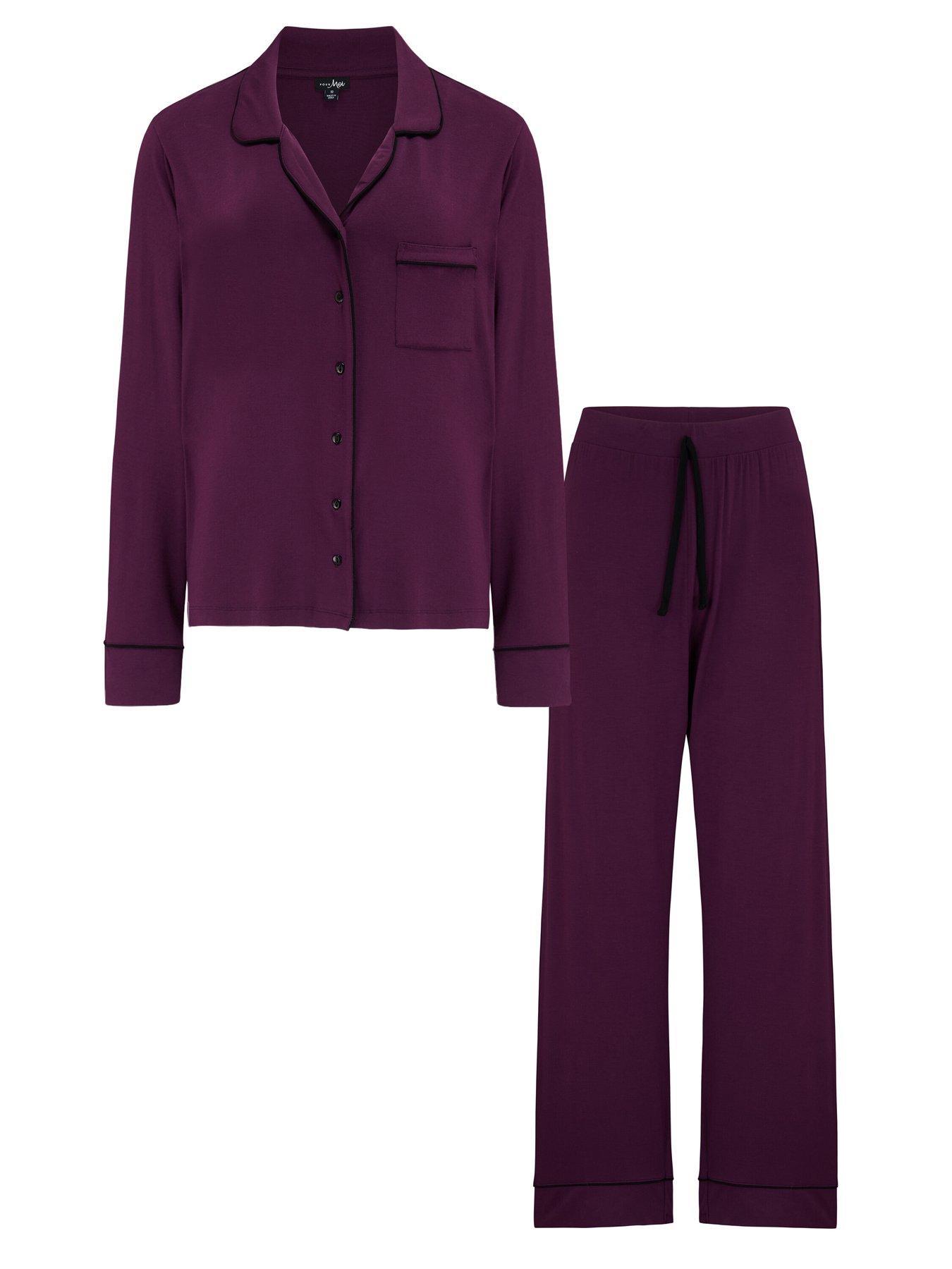  image of pour-moi-bamboo-jersey-button-through-revere-collar-pyjama-set-dark-purple