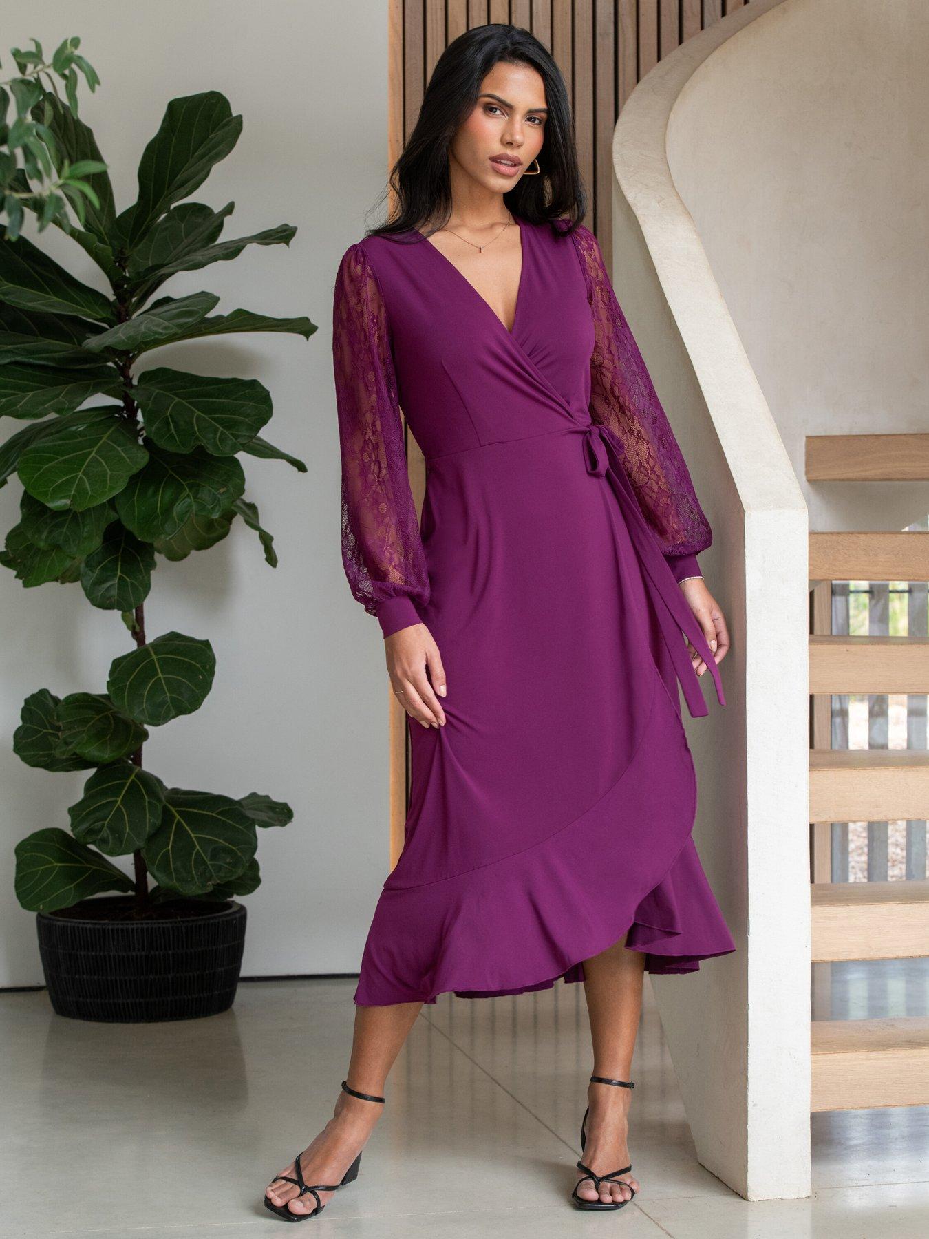 undefined Carrie Lace Sleeve Midi Slinky Jersey Wrap Dress
