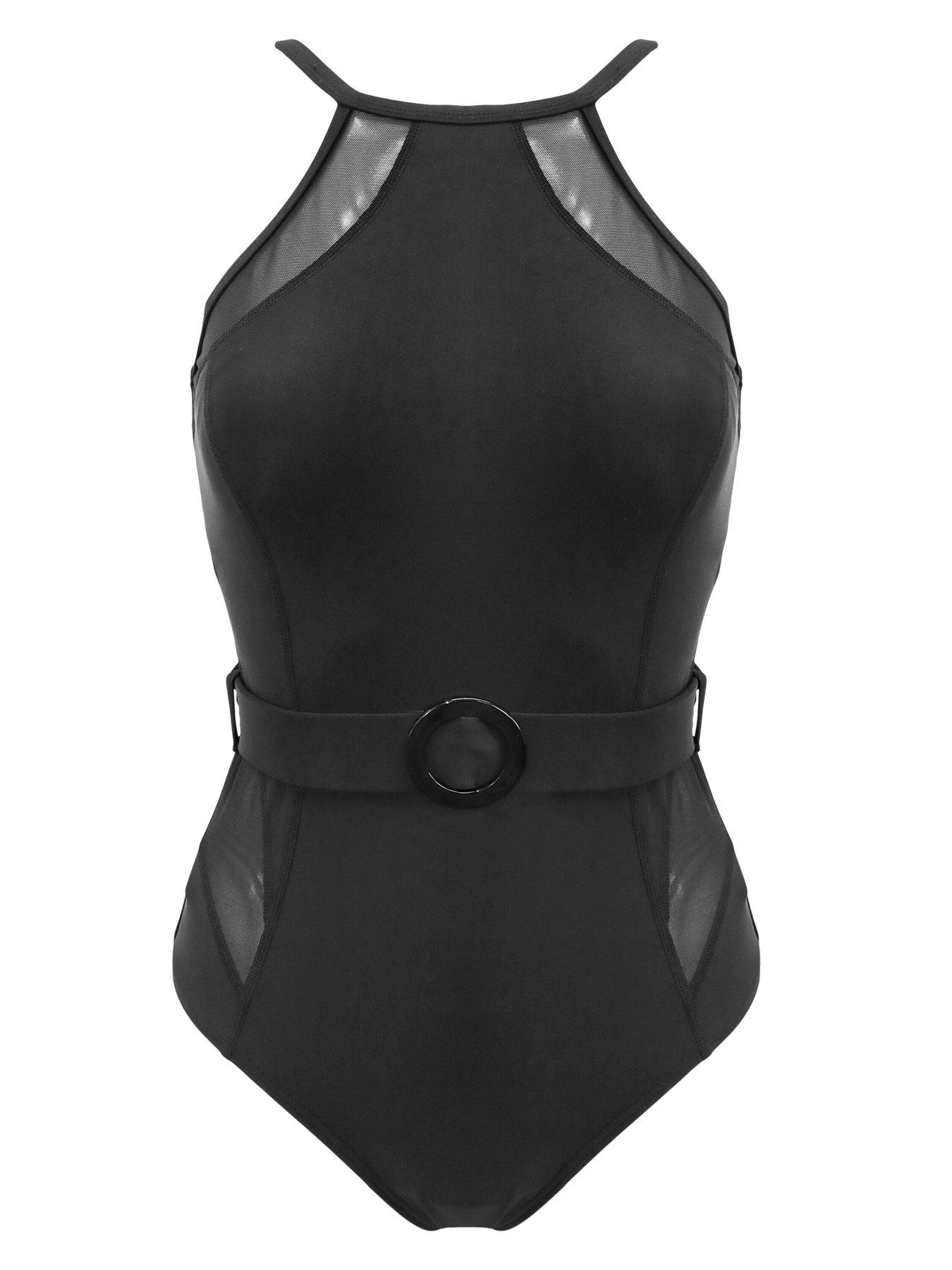 Image 3 of 4 of Pour Moi Shoreline High Neck Mesh Belted Control Swimsuit - Black