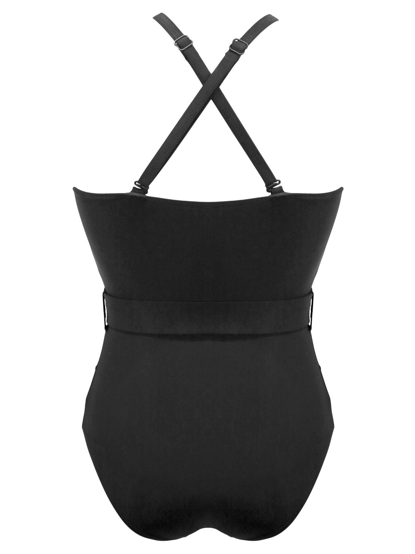 Pour Moi Shoreline High Neck Mesh Belted Control Swimsuit Black