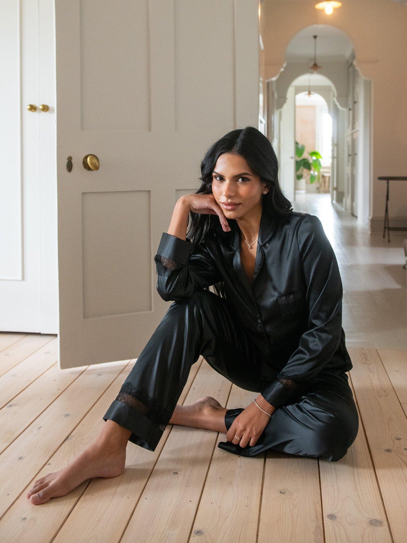  image of pour-moi-dusk-satin-and-lace-revere-collar-pyjama-set