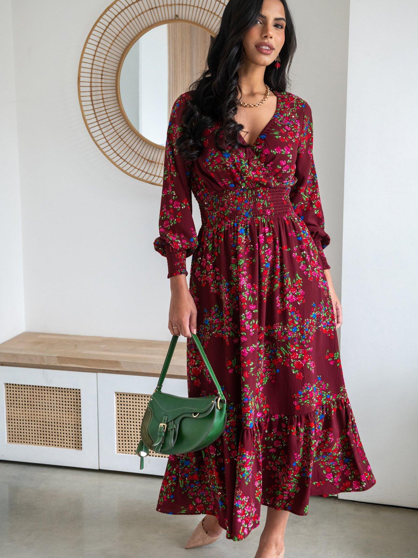 undefined Carmen Fuller Bust Woven Elasticated Neckline Long Sleeve Midaxi Dress - Dark Purple