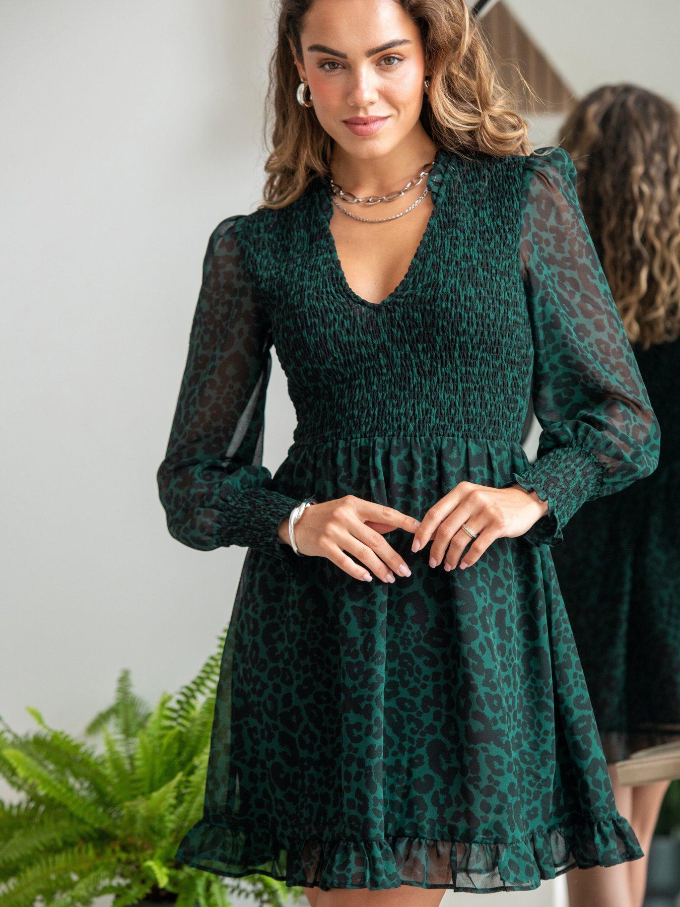 undefined Izzy Shirred Bodice Long Sleeve Chiffon Dress