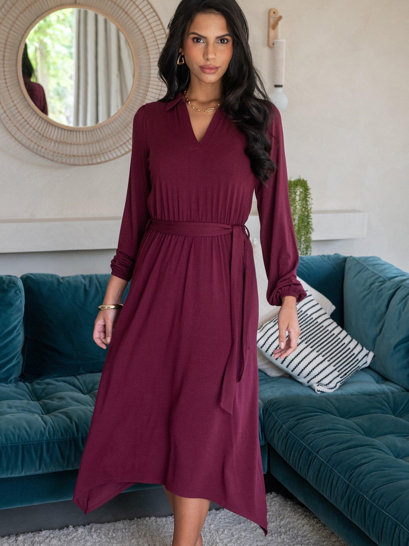 undefined Venetia Jersey Hanky Hem Collared Midi Dress - Dark Purple
