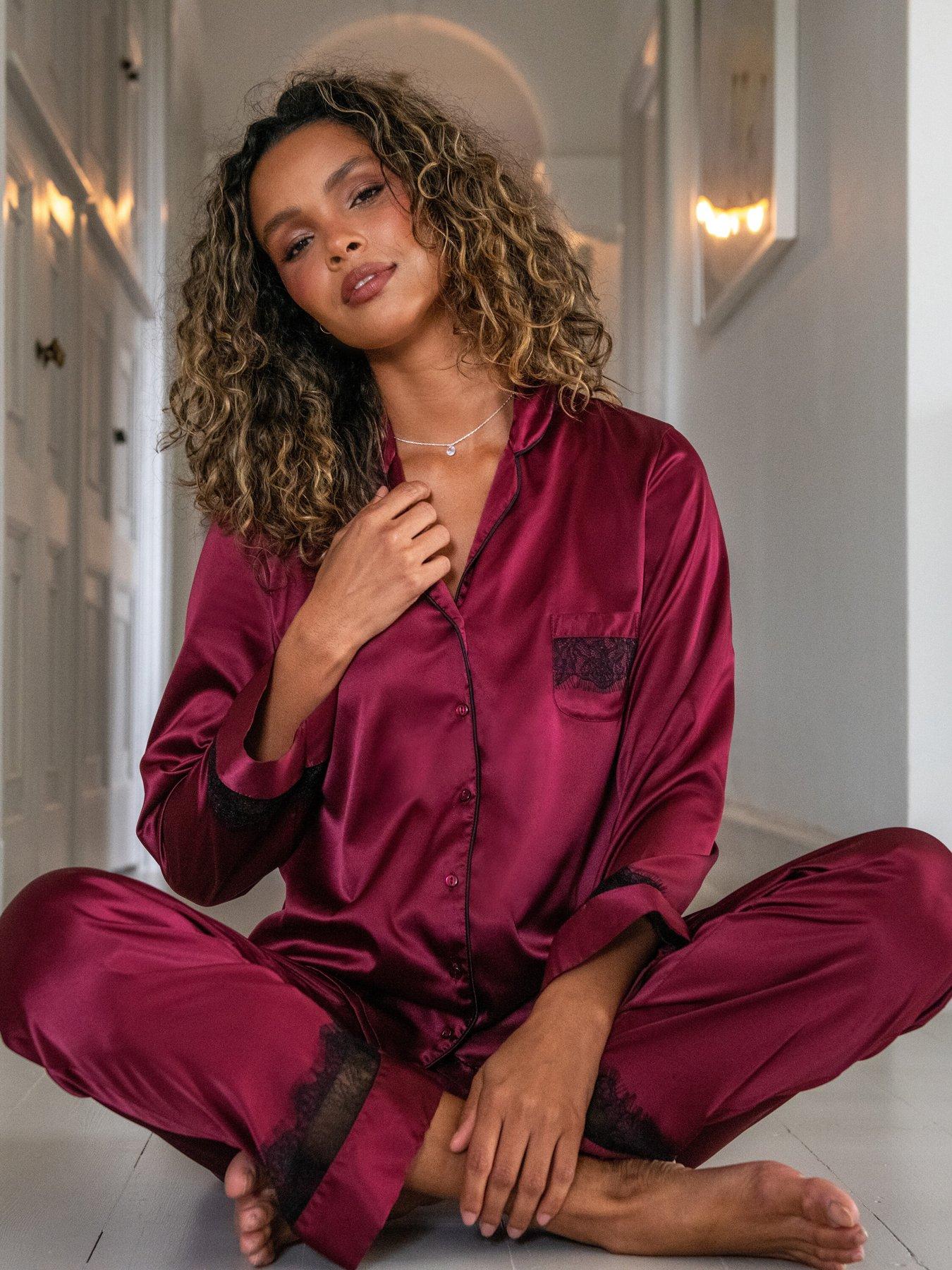  image of pour-moi-dusk-satin-and-lace-revere-collar-pyjama-set