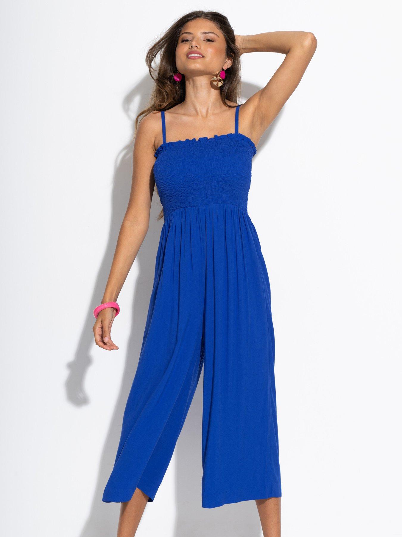 Image 2 of 4 of Pour Moi Strapless Shirred Bodice Crop Leg Beach Jumpsuit - Blue