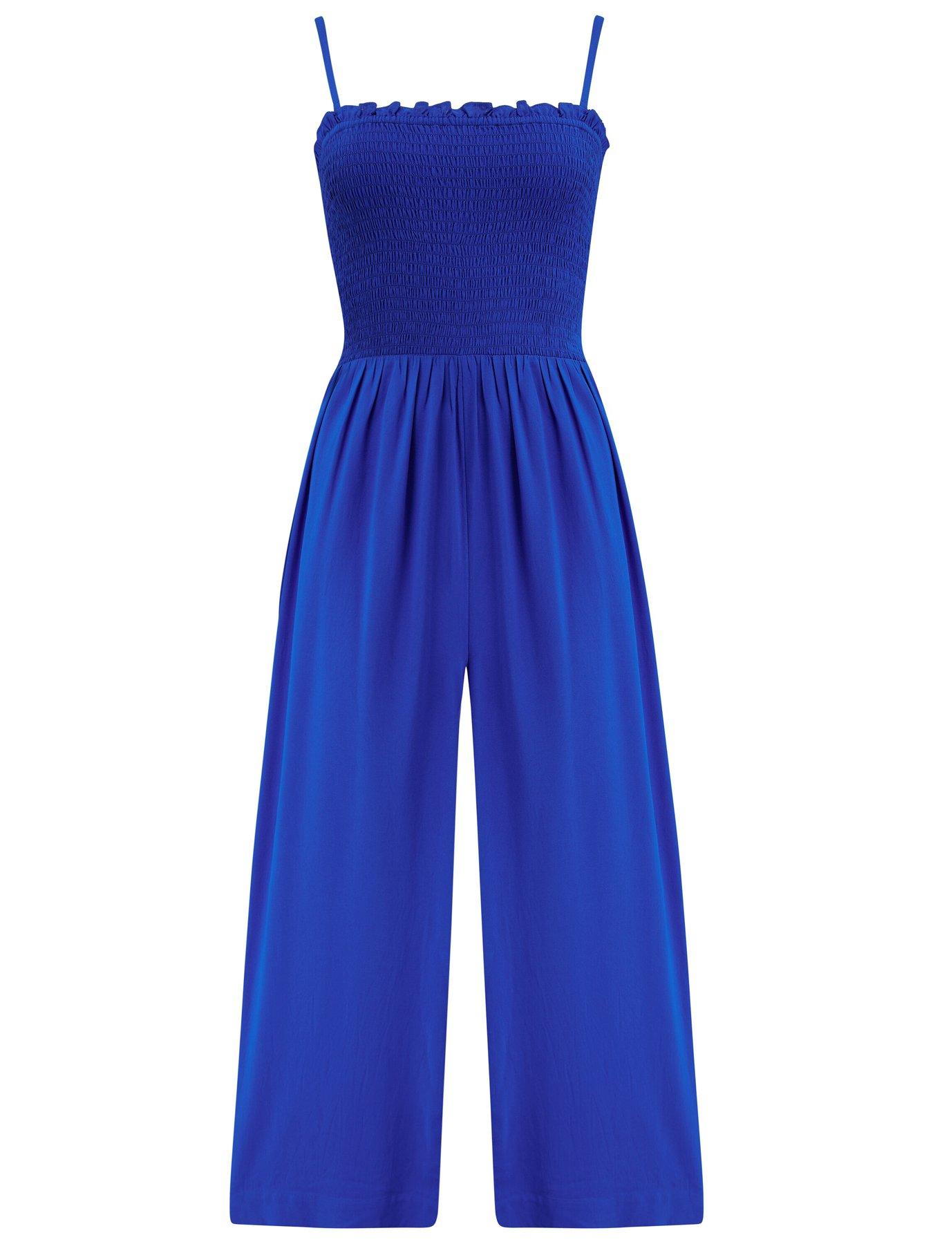 Image 3 of 4 of Pour Moi Strapless Shirred Bodice Crop Leg Beach Jumpsuit - Blue