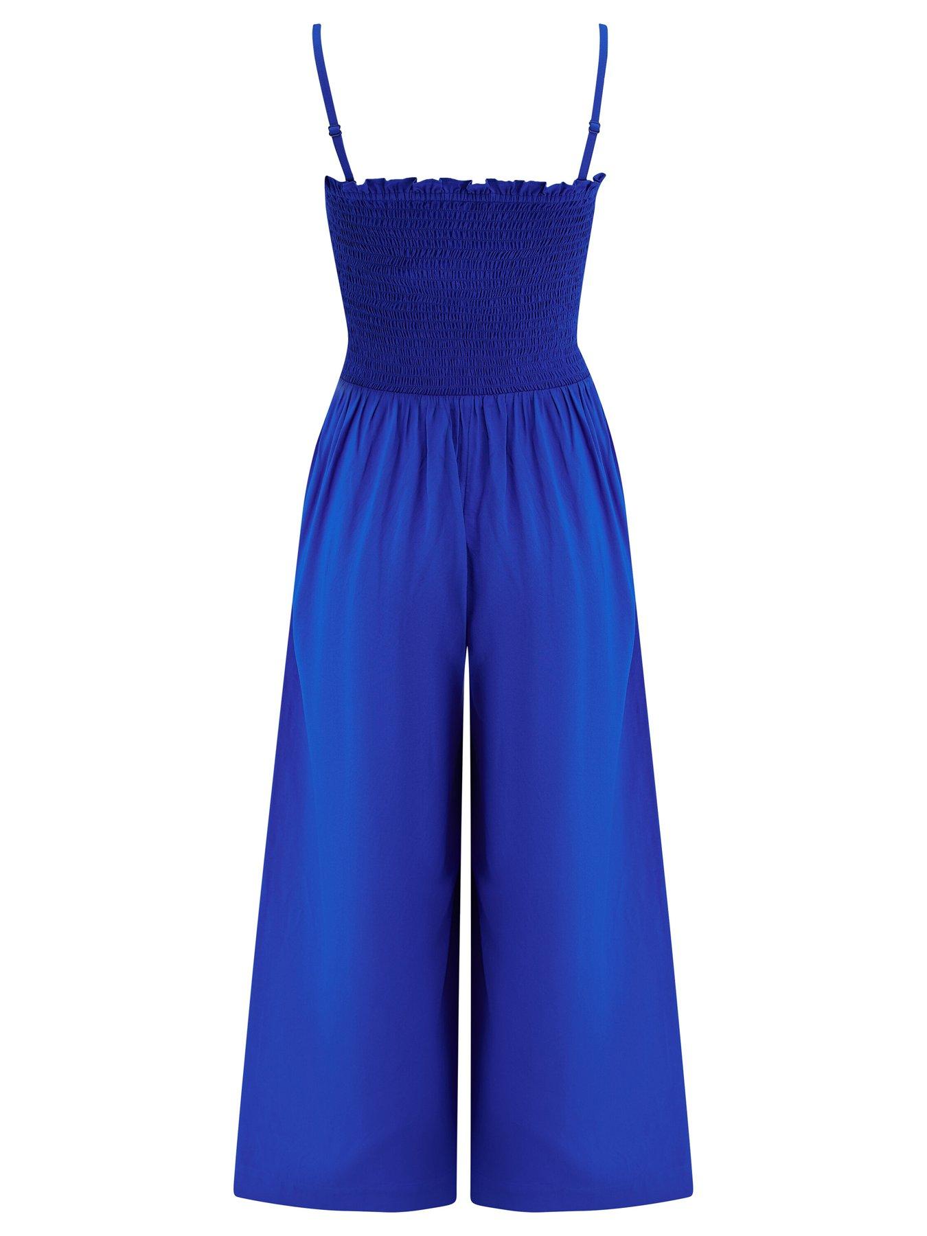 Image 4 of 4 of Pour Moi Strapless Shirred Bodice Crop Leg Beach Jumpsuit - Blue