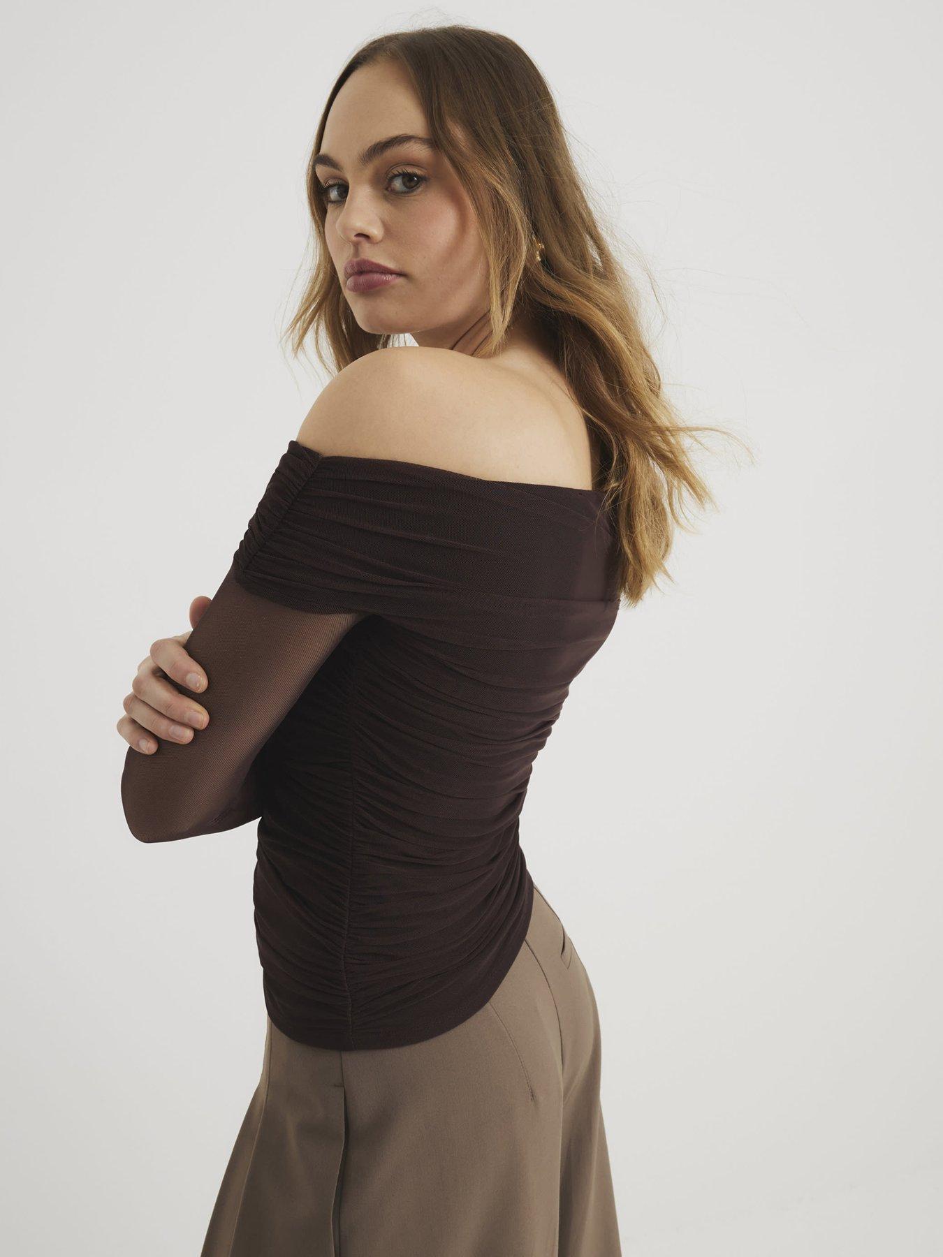  image of river-island-asymmetric-neck-ruched-mesh-top-brown