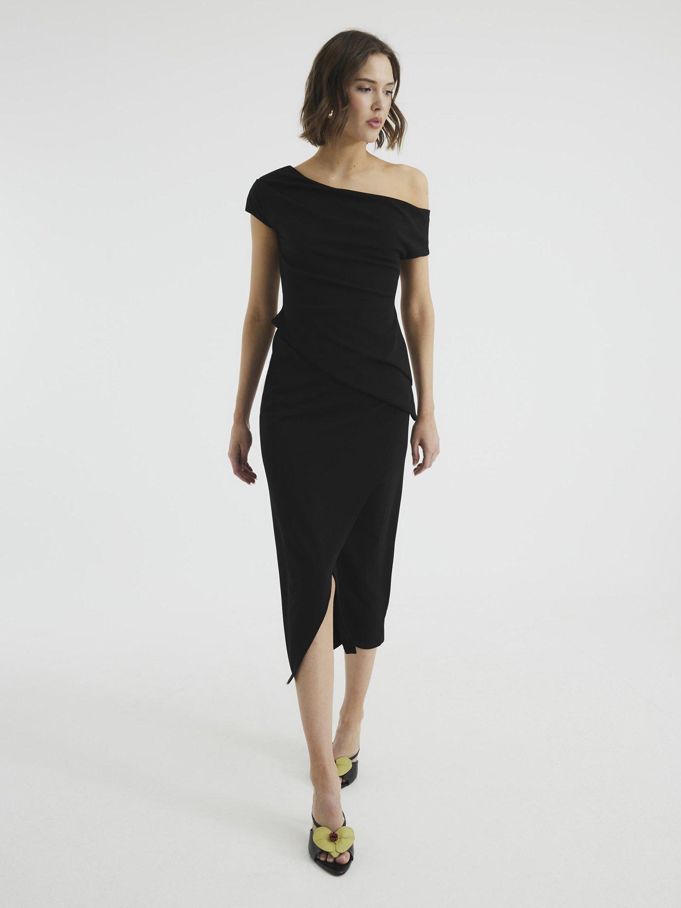 undefined Off Shoulder Layered Midi Dress - Black