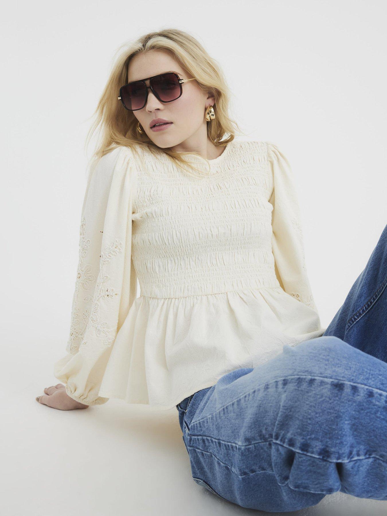 undefined Long Sleeve Shirred Bodice Top - Cream