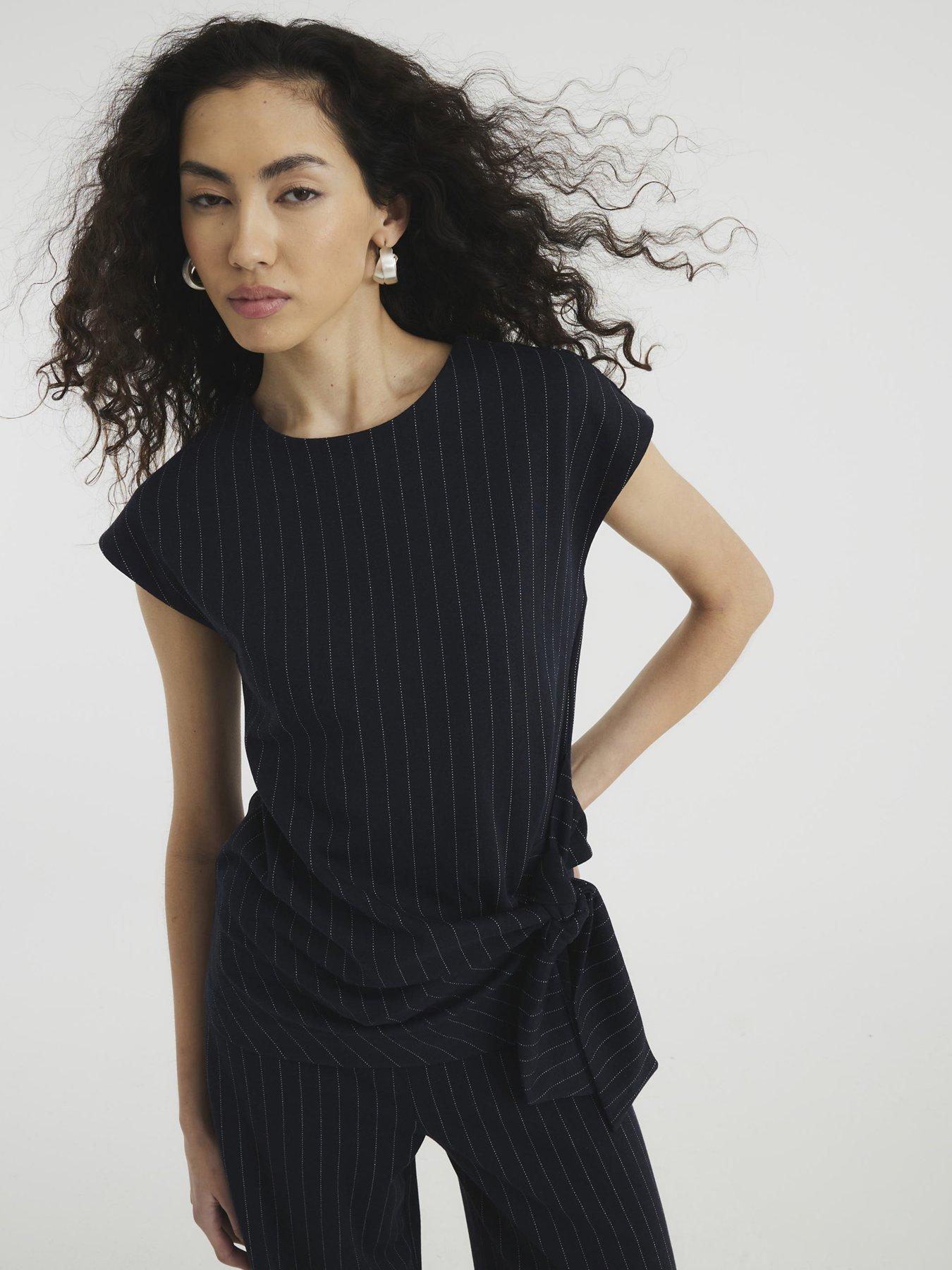 undefined Short Sleeve Pinstripe Tie Detail Top - Blue