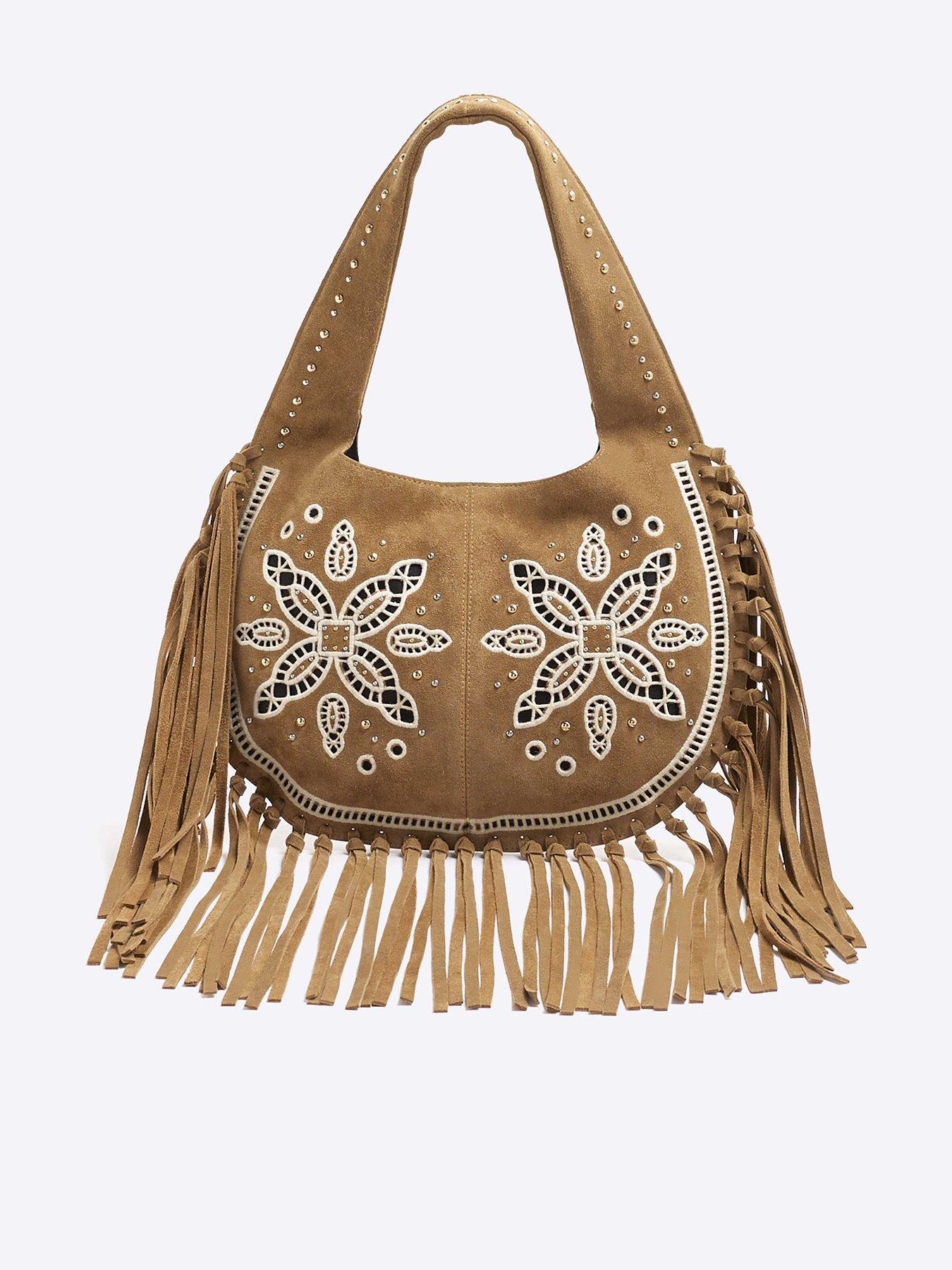 undefined Suede Fringed Broderie Shoulder Bag