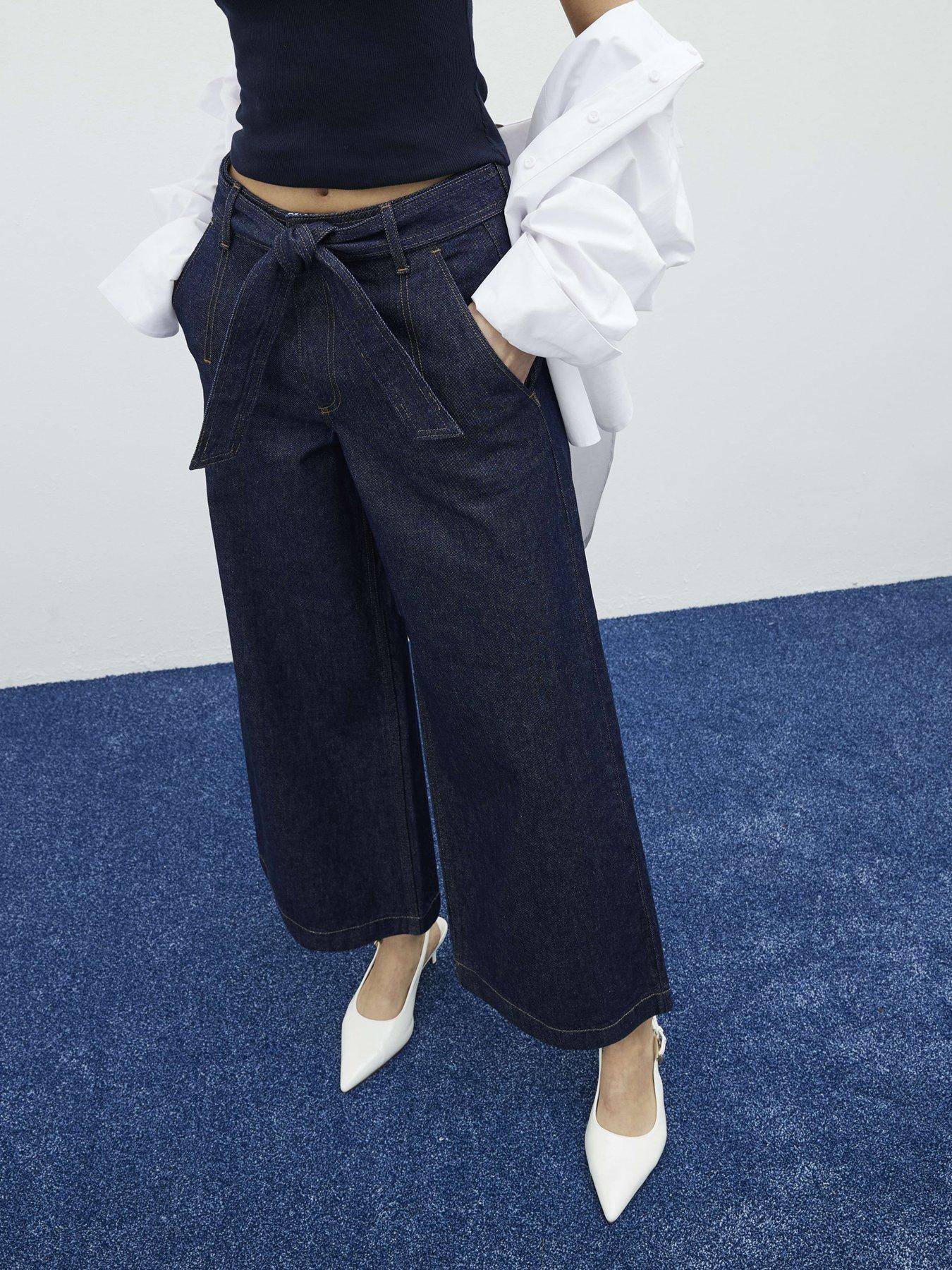  image of river-island-denim-belted-wide-leg-cropped-jeans