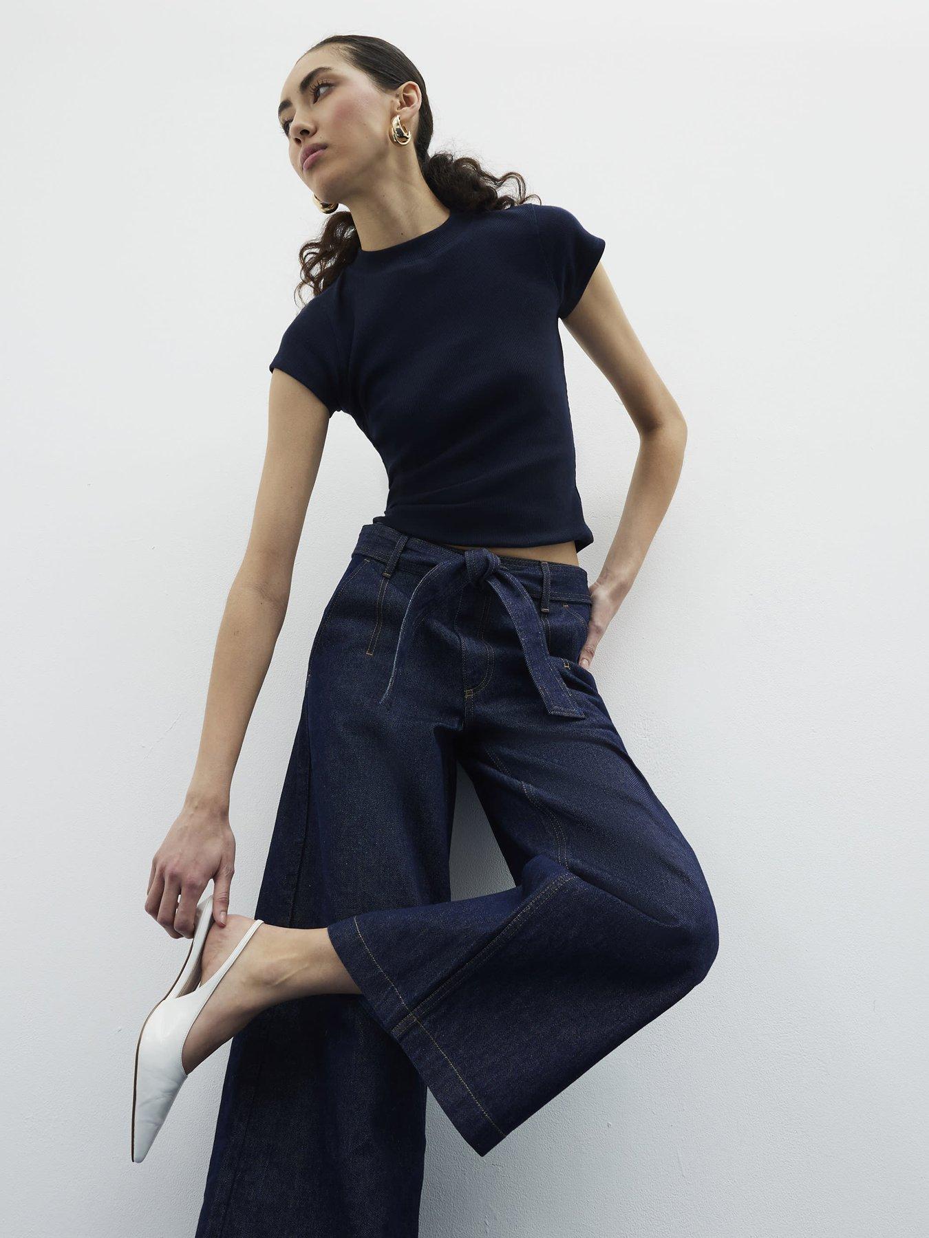  image of river-island-denim-belted-wide-leg-cropped-jeans