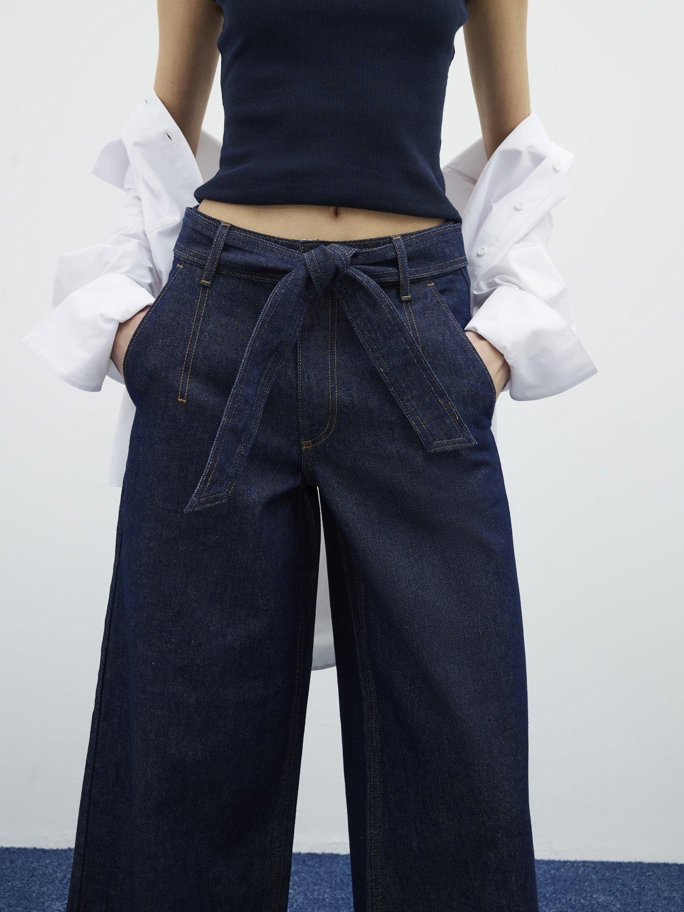  image of river-island-denim-belted-wide-leg-cropped-jeans