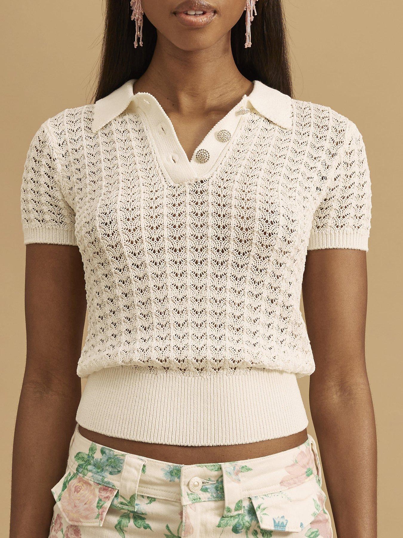 undefined Diamante Trim Crochet Polo Top