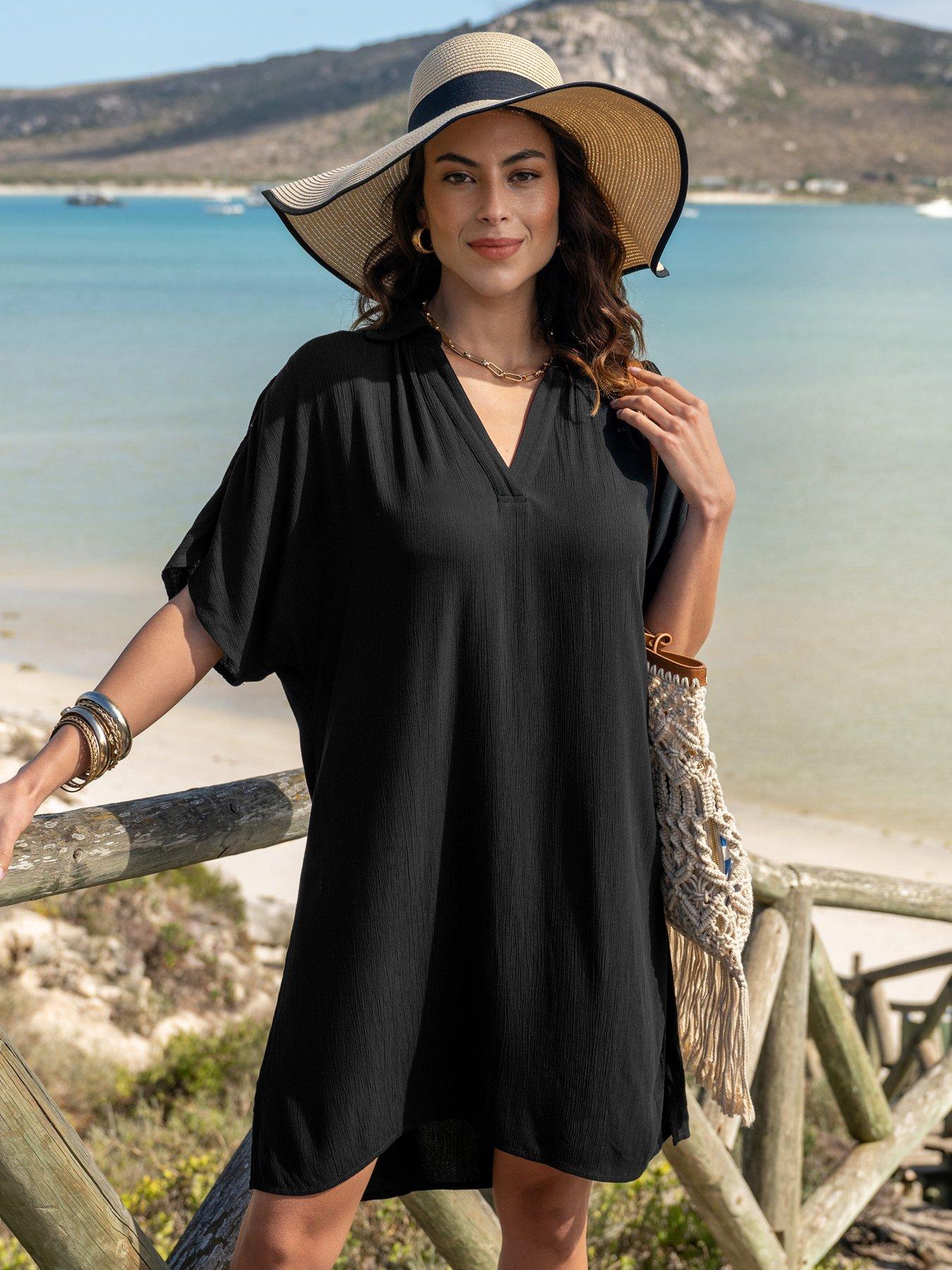 undefined V Neck Collared Crinkle Woven Beach Kaftan