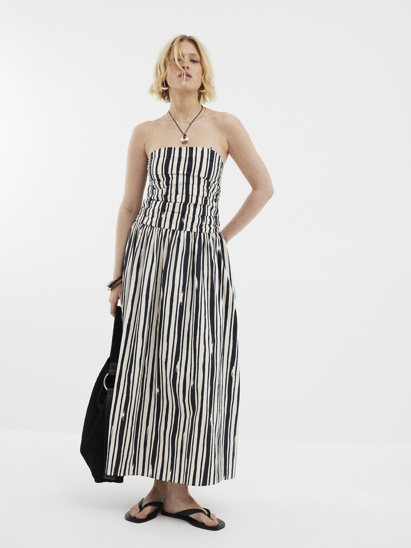 undefined Stripe Pleated Bandeau Midi Dress