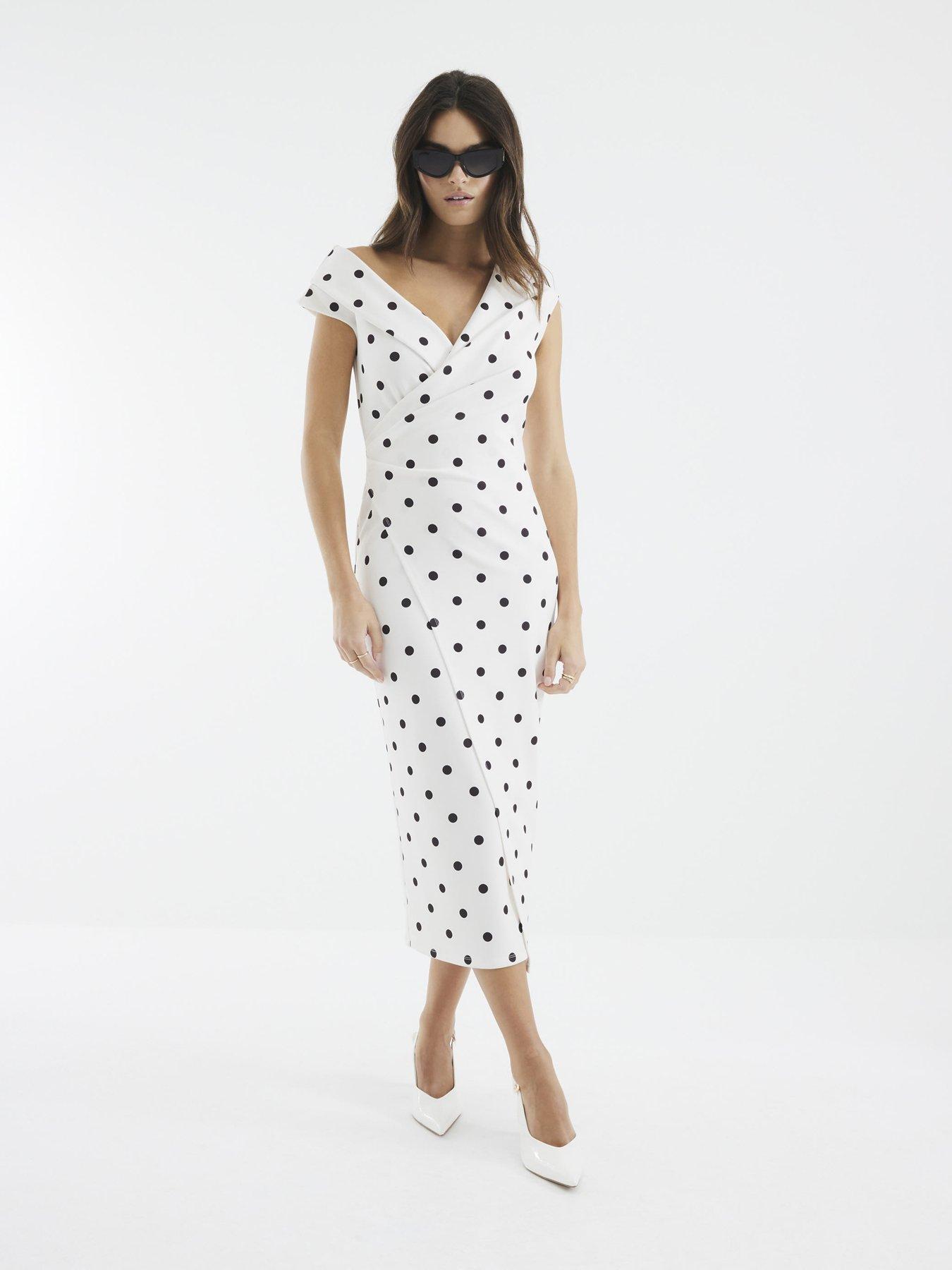 undefined Asymmetric Polka Dot Wrap Midi Dress - Cream