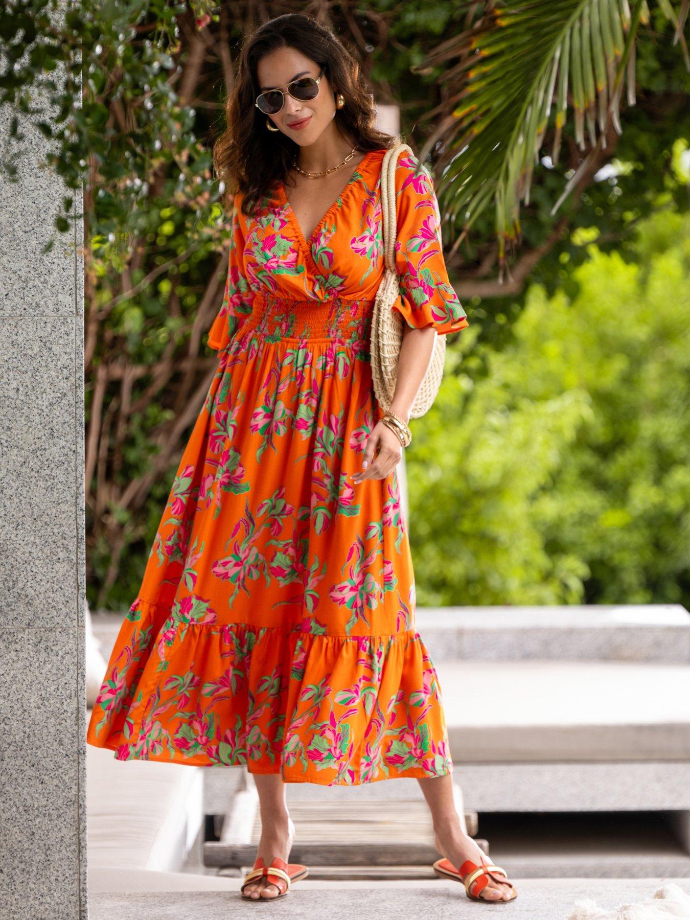 pour-moi-carmen-fuller-bust-elasticated-neckline-woven-midaxi-dress-orange