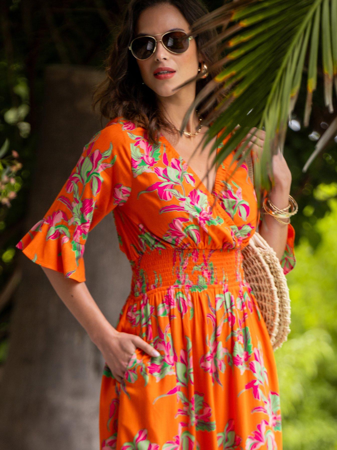Image 2 of 4 of Pour Moi Carmen Fuller Bust Elasticated Neckline Woven Midaxi Dress - Orange